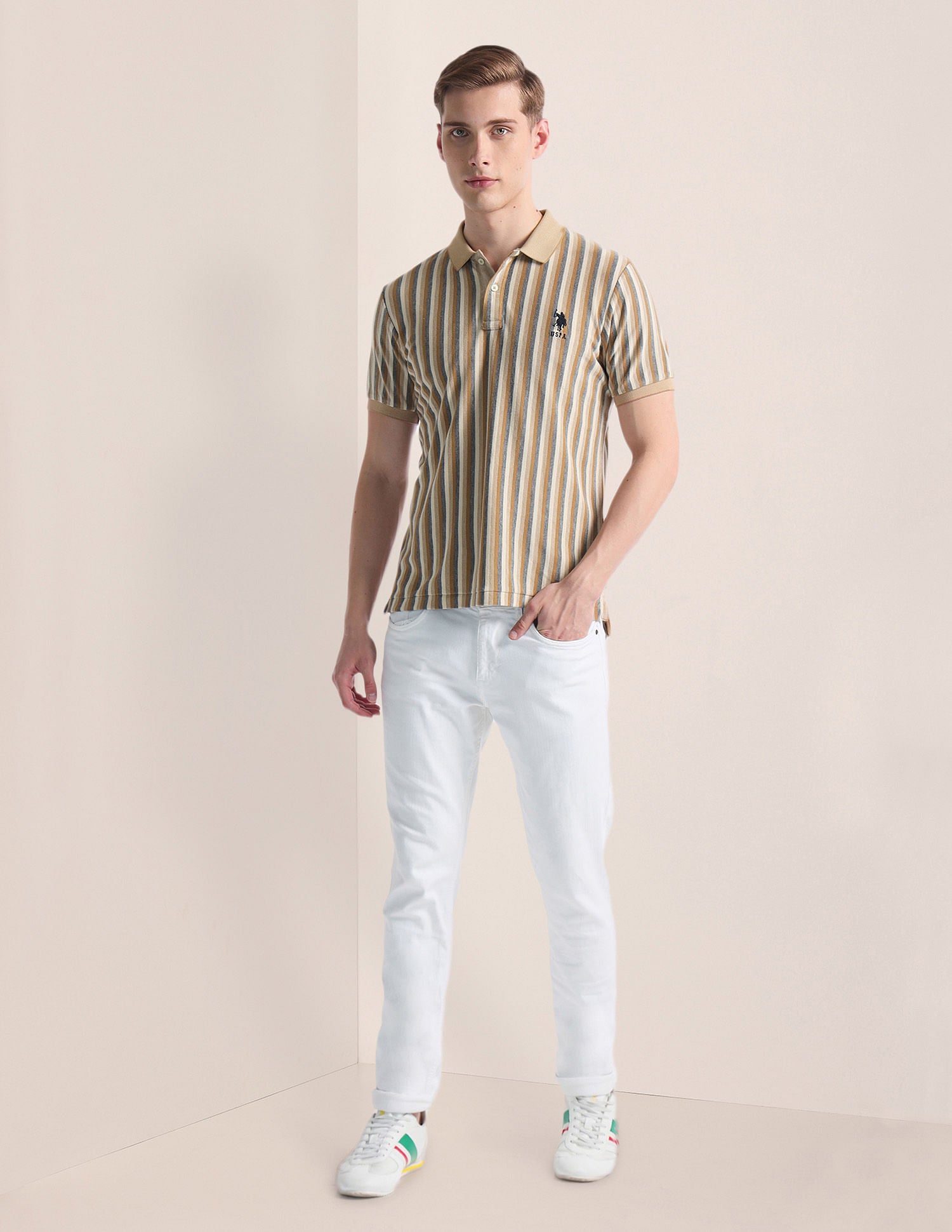 Vertical Stripe Logo Polo Shirt Beige - U.S. Polo Assn. India | Large