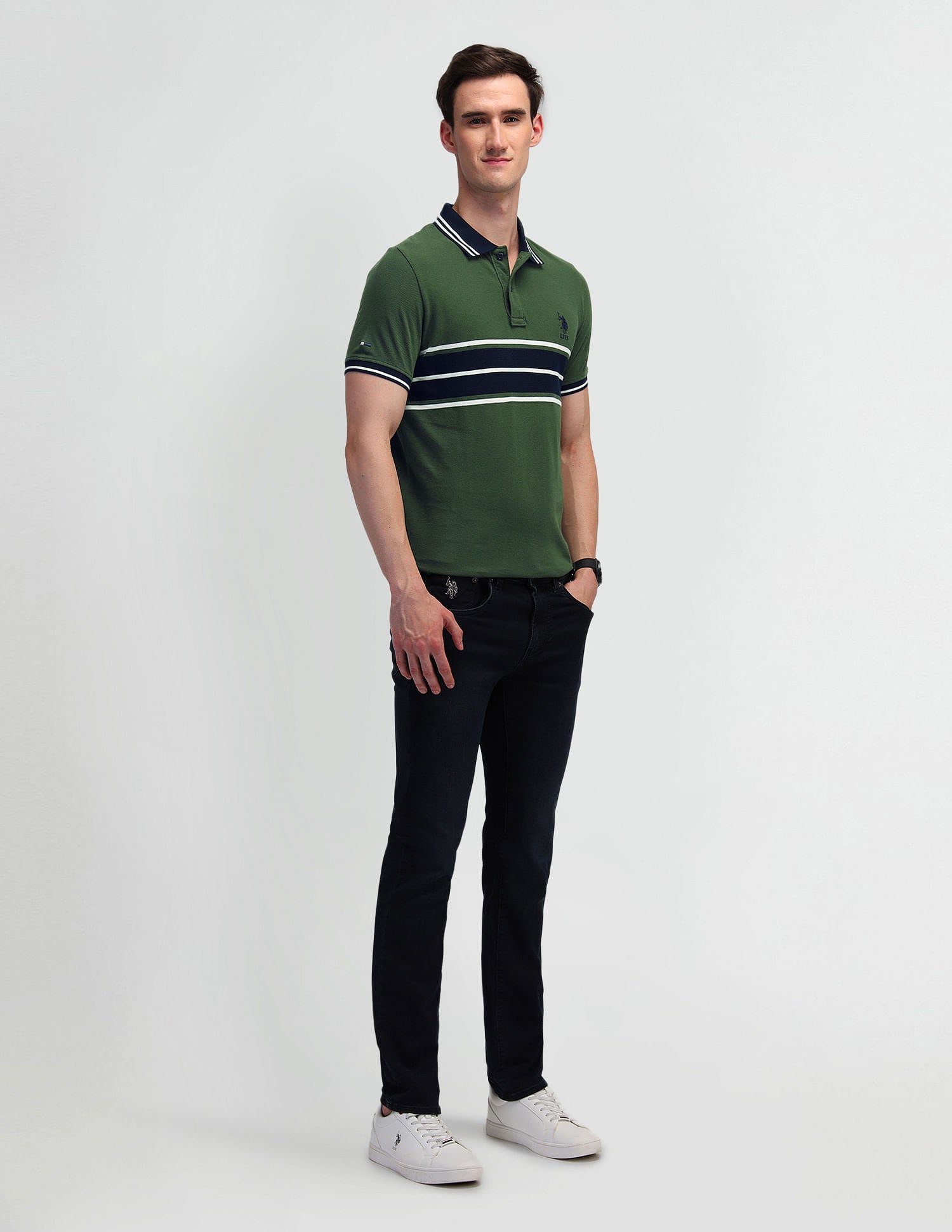 Horizontal Striped Slim Fit Polo Shirt Olive - U.S. Polo Assn. India | Large