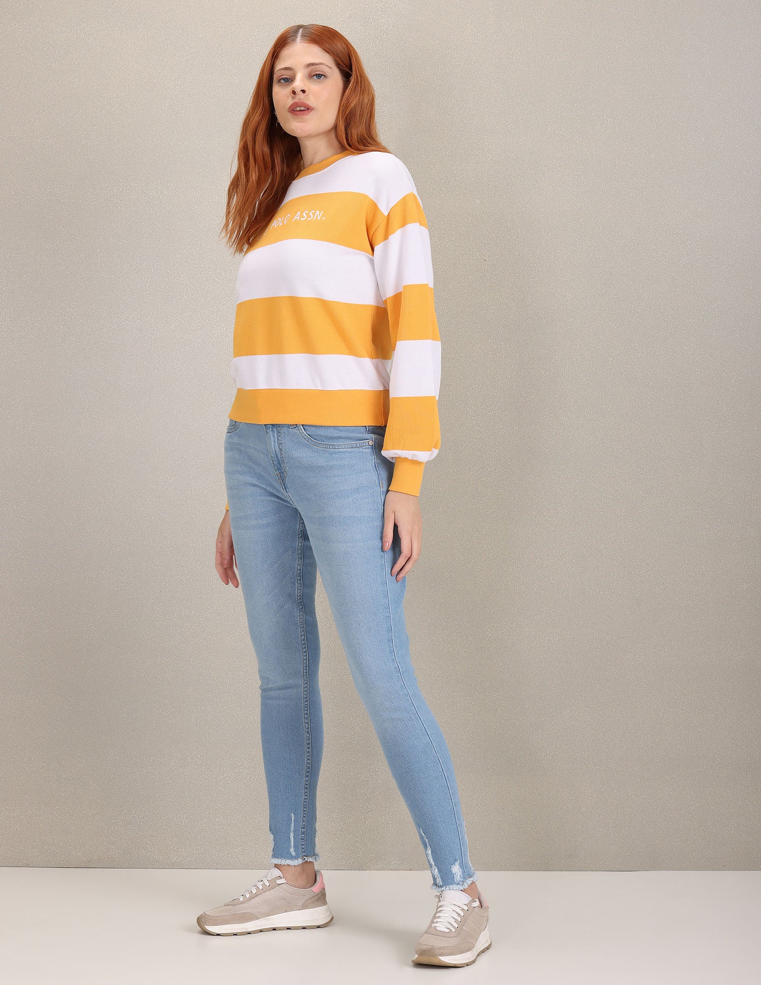 Crew Neck Colour Block Sweatshirt Mustard and White - U.S. Polo Assn. India | Large