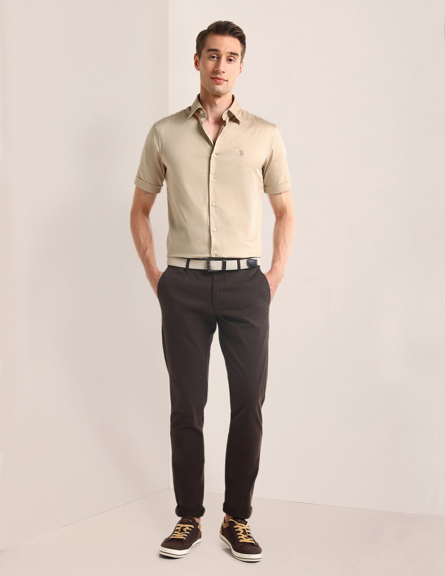 Tailored Fit Solid Shirt Beige - U.S. POLO ASSN. | Large