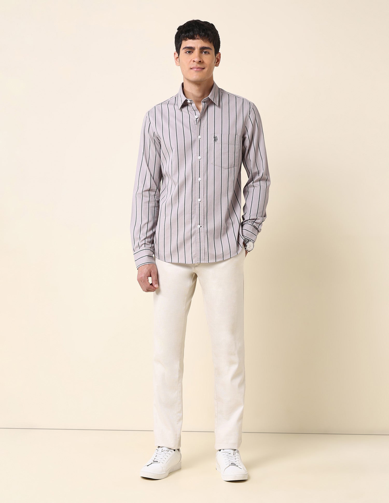 Vertical Striped Tailored Fit Shirt Light Khaki - U.S. Polo Assn. India | Large