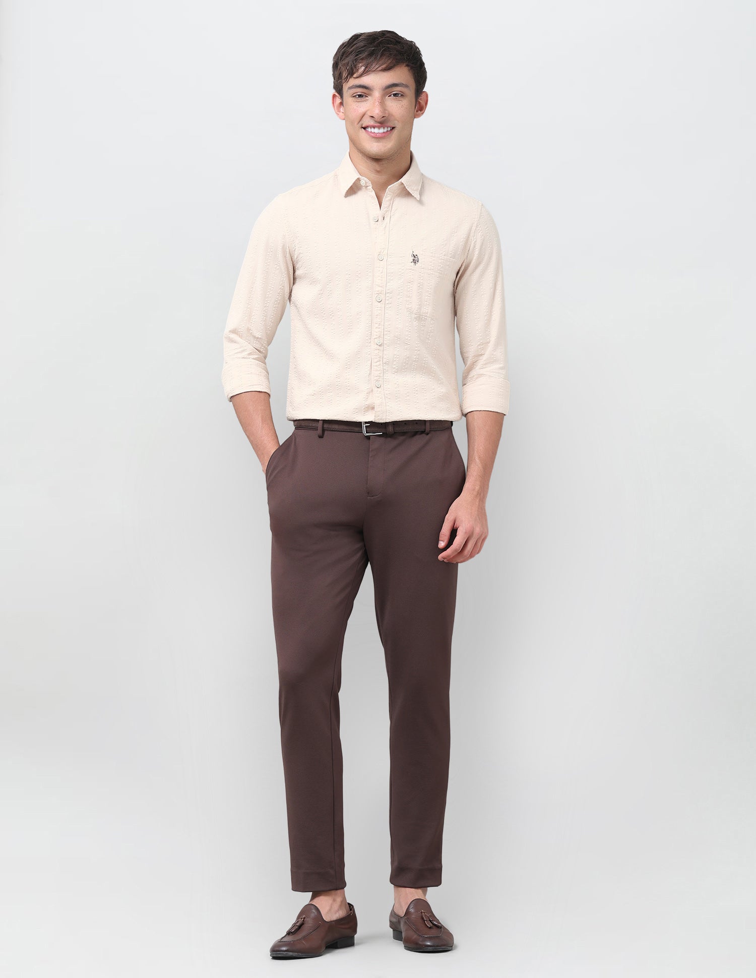 Textured Regular Fit Shirt Beige - U.S. Polo Assn. India | Large