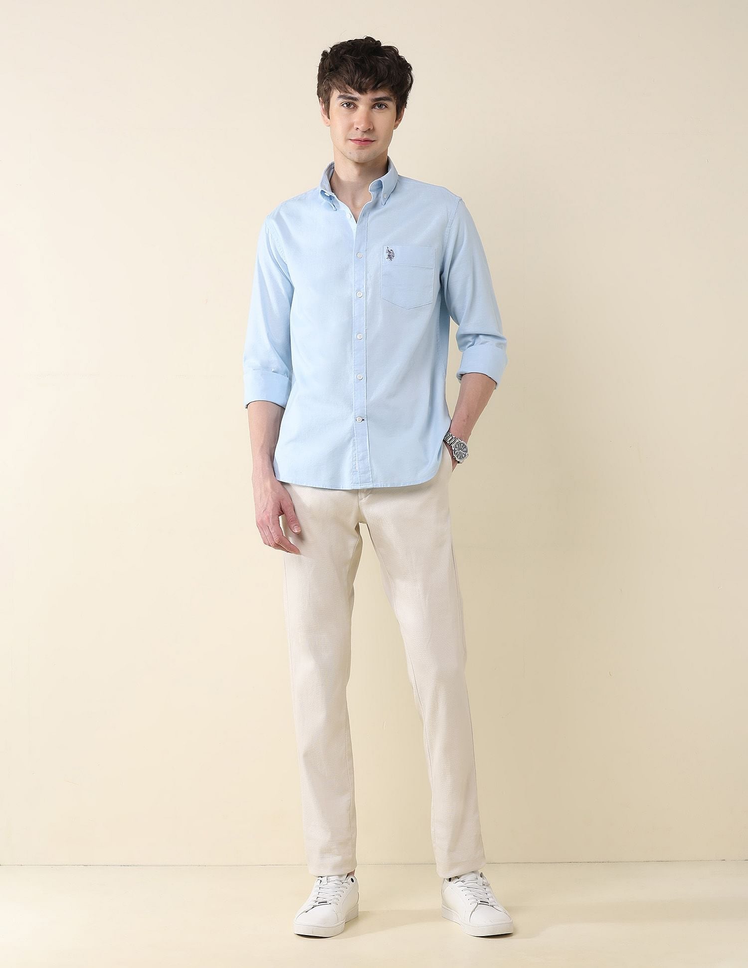 Solid Oxford Stretch Button Down Shirt Blue - U.S. Polo Assn. India | Large