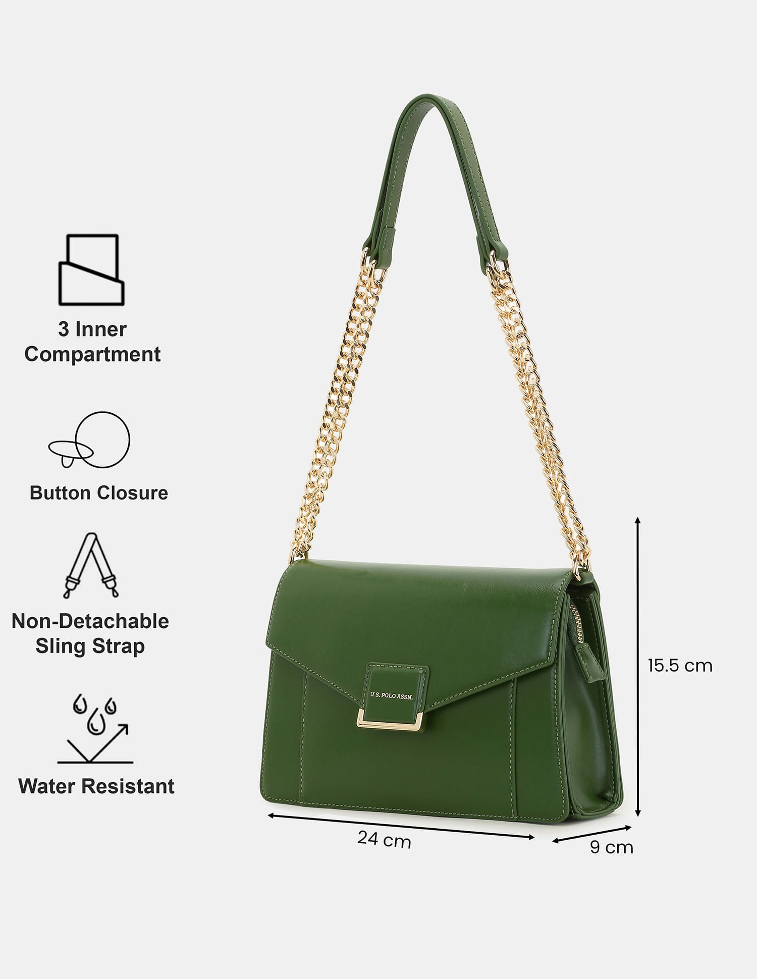 Women Bliss Sling Bag with Solid Structured Design Green - U.S. POLO ASSN. | Large