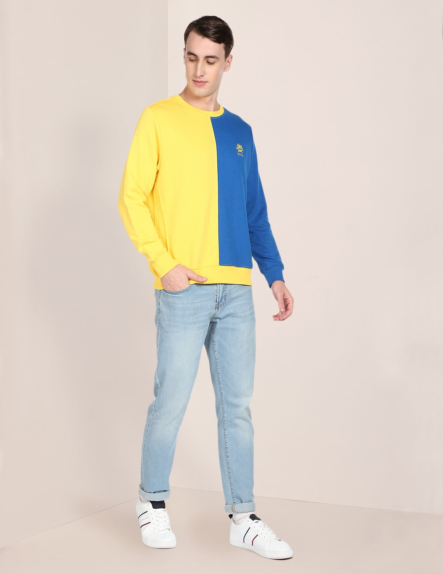 Colour Block Crew Neck Sweatshirt Yellow and Blue - U.S. Polo Assn. India | Large