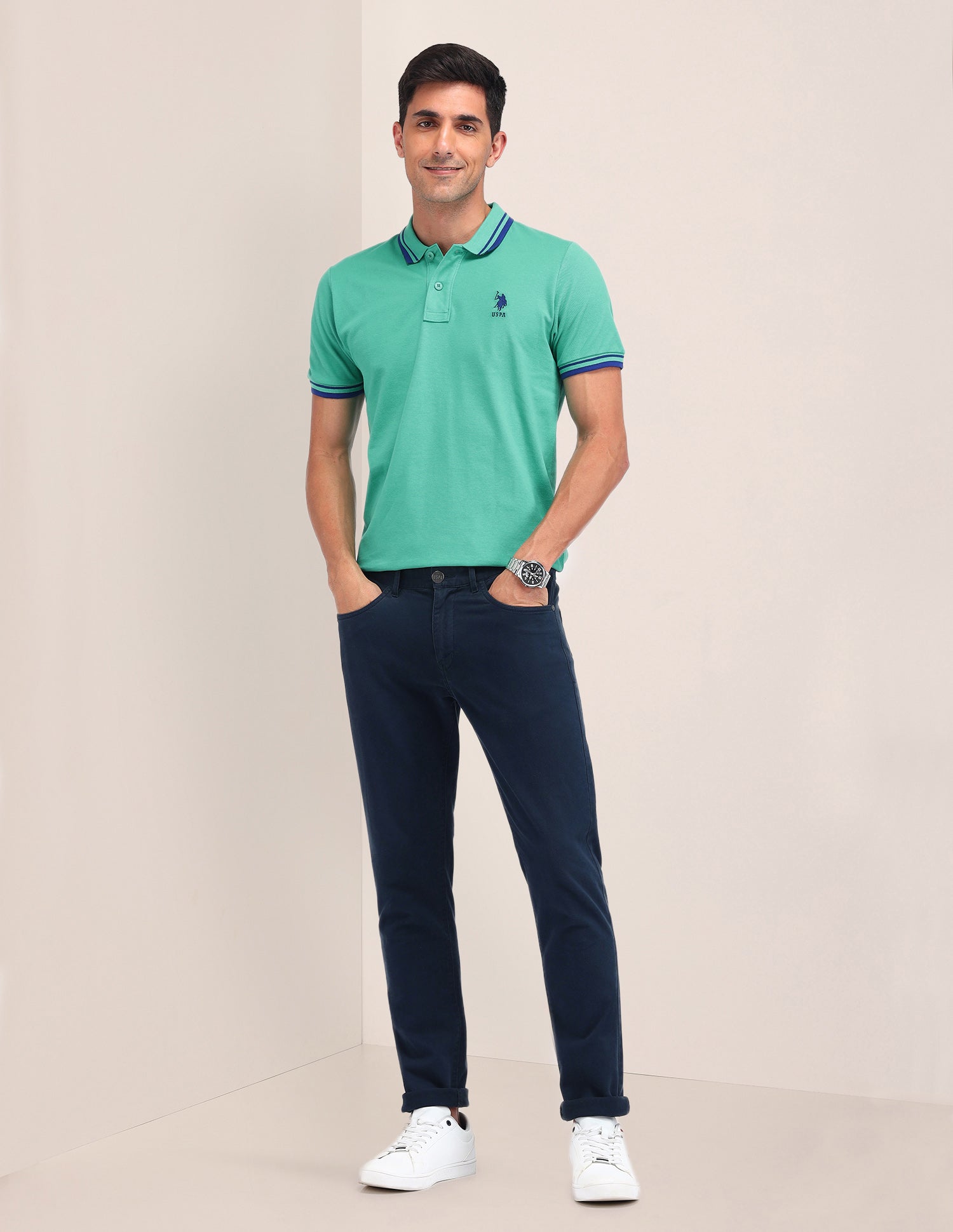 Solid Pattern Cotton Polo Shirt Green - U.S. Polo Assn. India | Large
