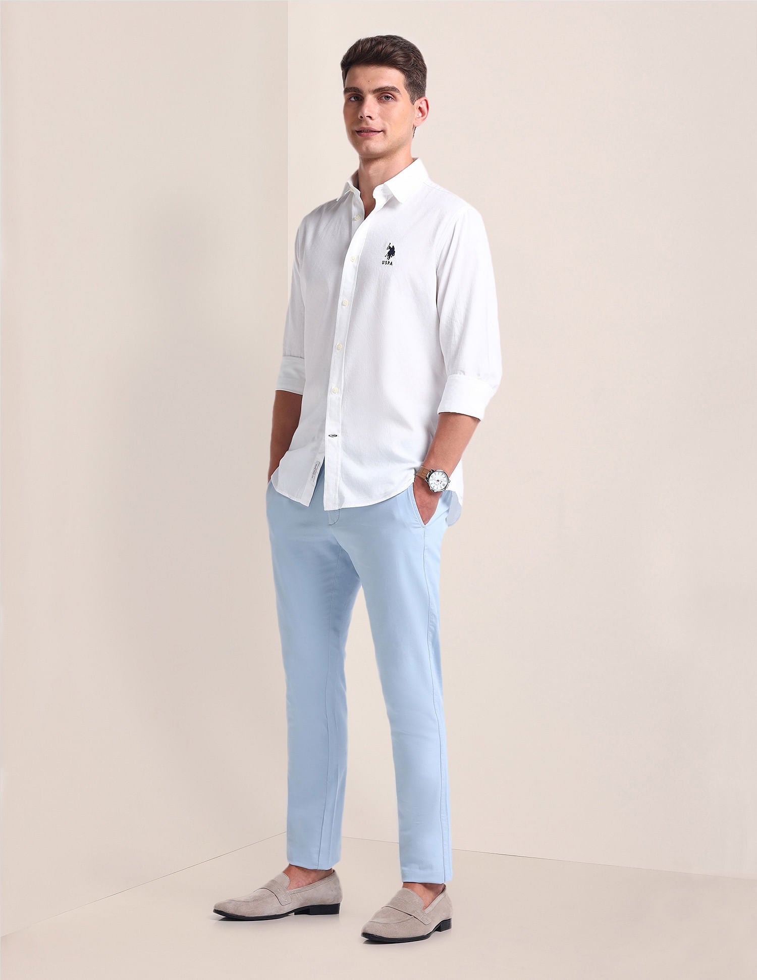 Semi Cutaway Collar Cotton Shirt White - U.S. POLO ASSN. | Large