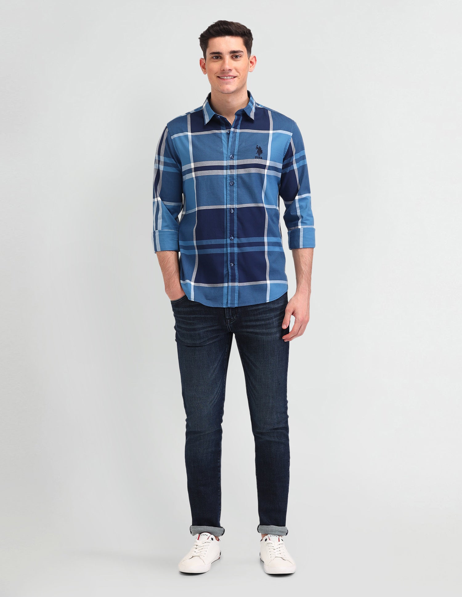 Grid Tattersall Checked Slim Fit Shirt Blue - U.S. Polo Assn. India | Large
