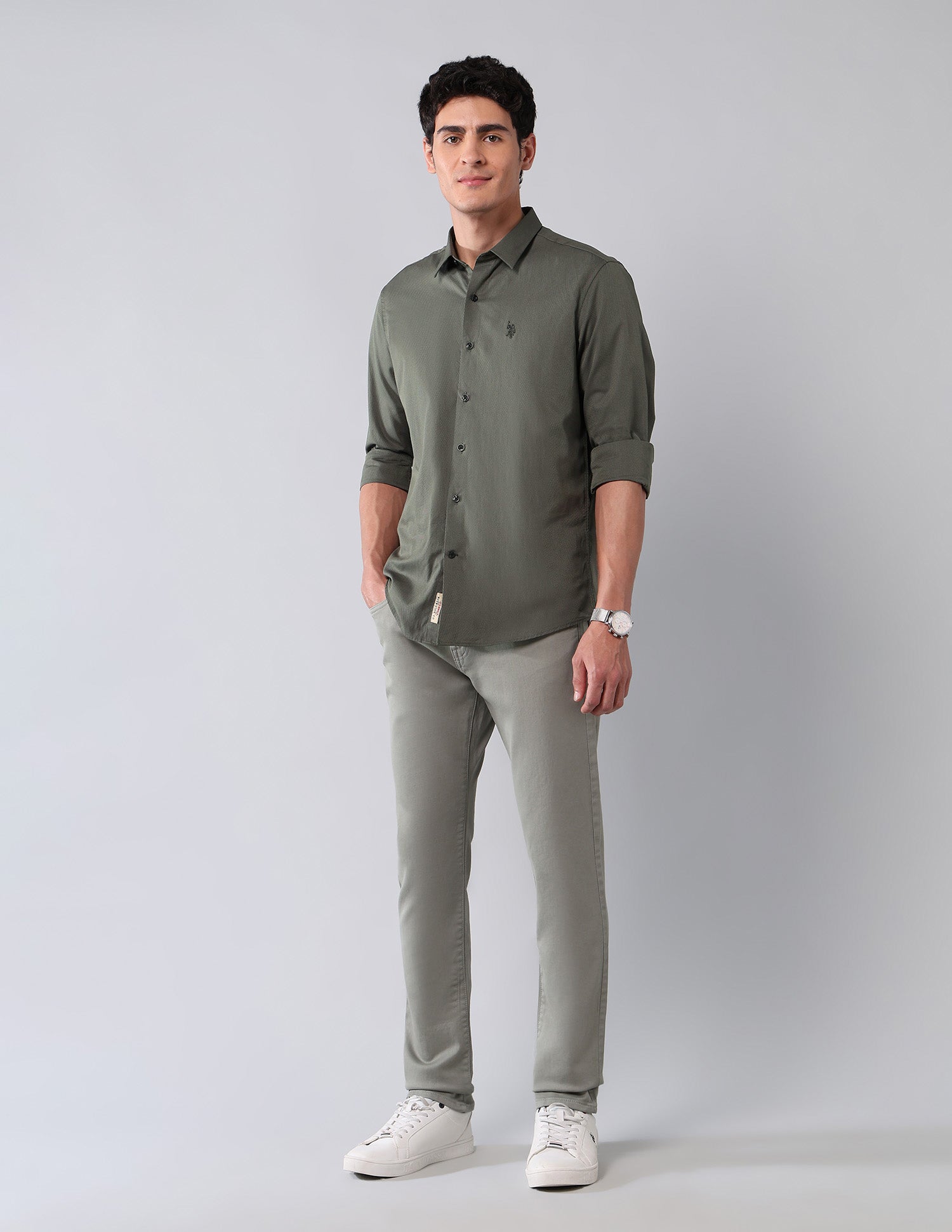 Pure Cotton Regular Fit Dobby Shirt Olive - U.S. Polo Assn. India | Large