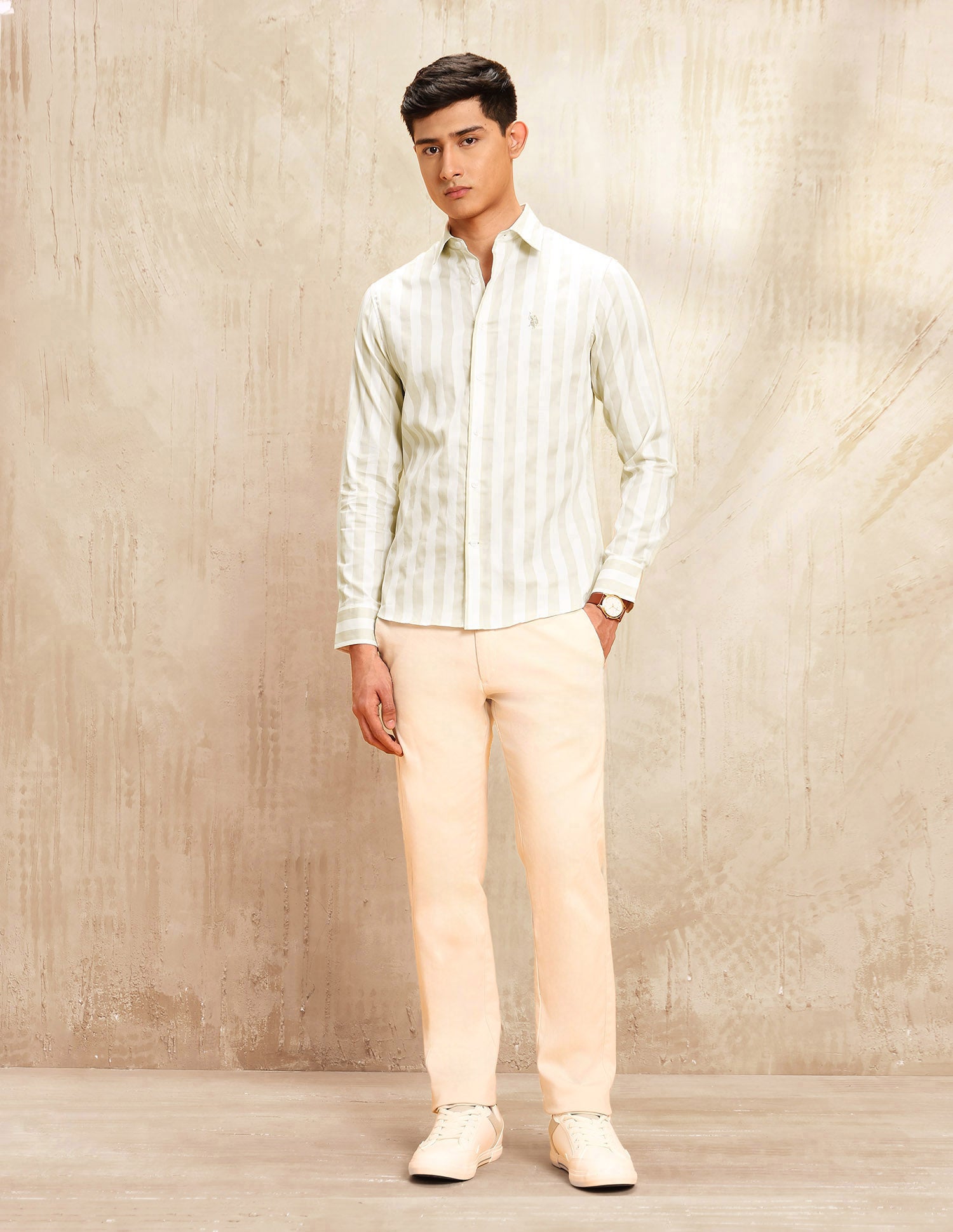 Vertical Striped Tailored Fit Shirt Beige - U.S. POLO ASSN. | Large