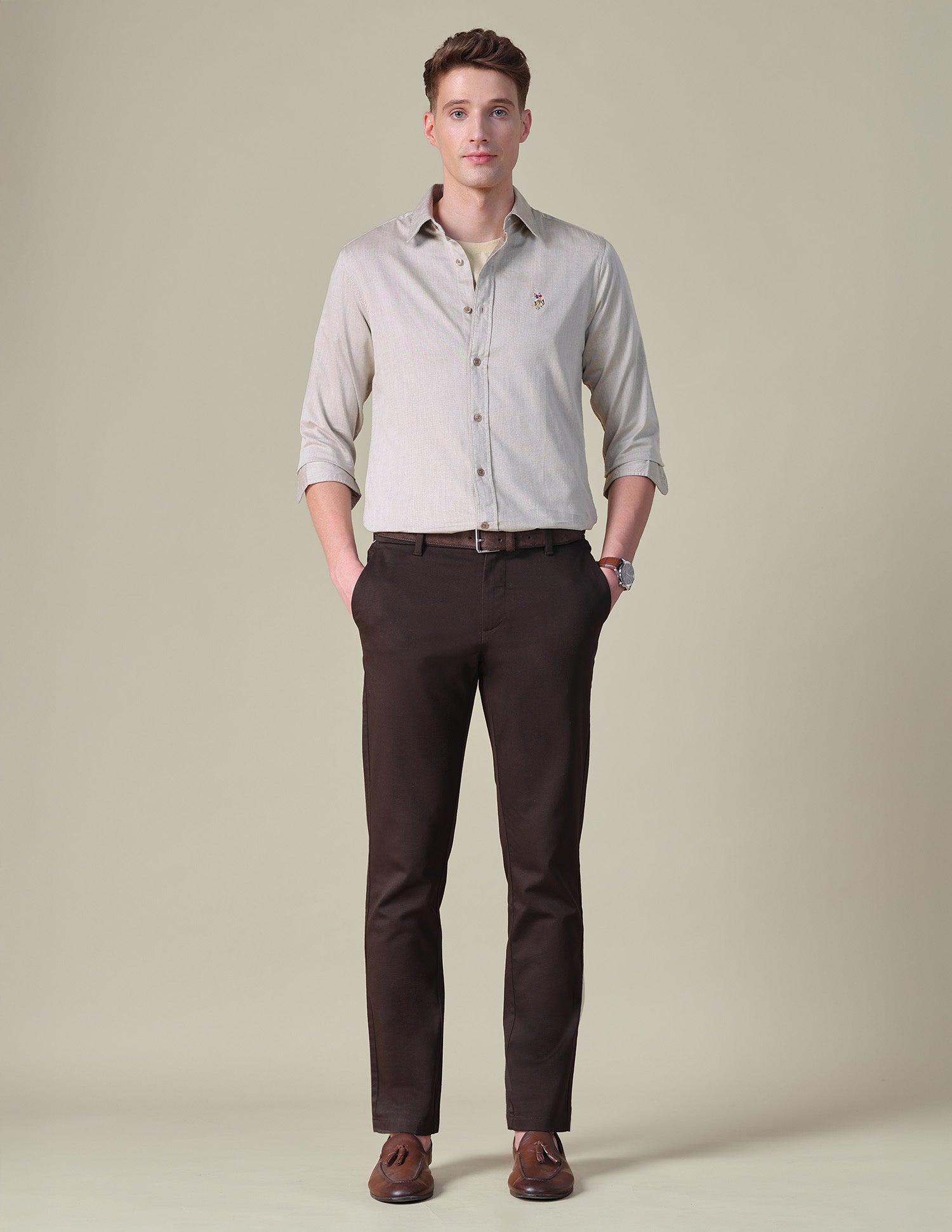 Twill Tailored Fit Shirt Light Brown - U.S. POLO ASSN. | Large