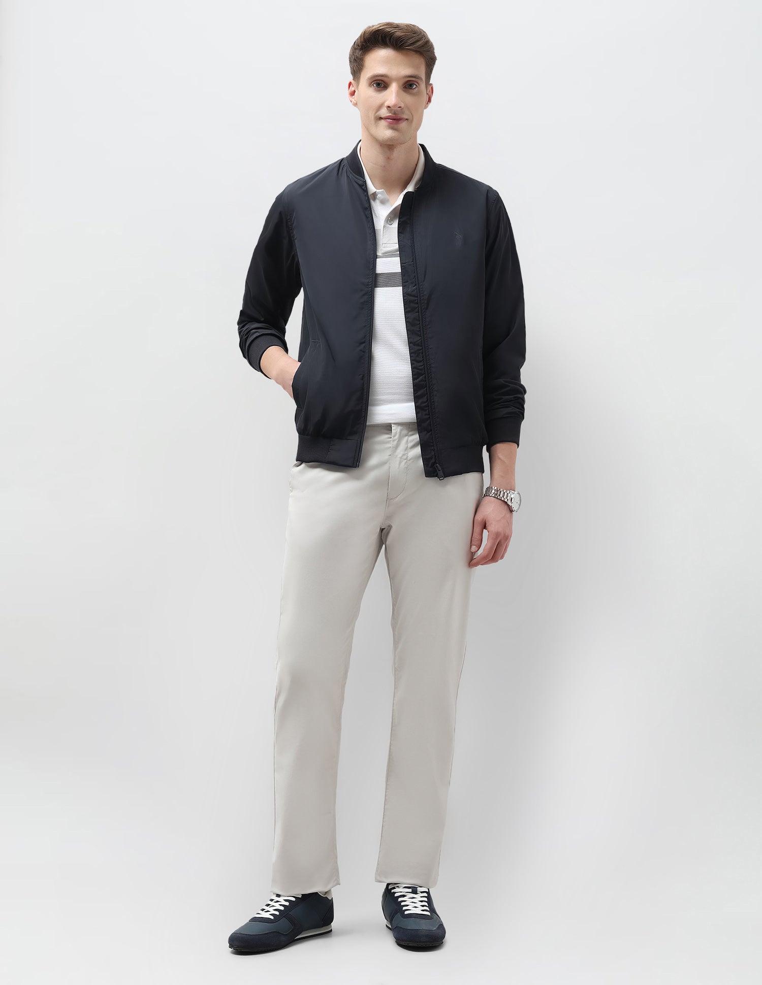 Solid Regular Fit Bomber Jacket Navy - U.S. Polo Assn. India | Large