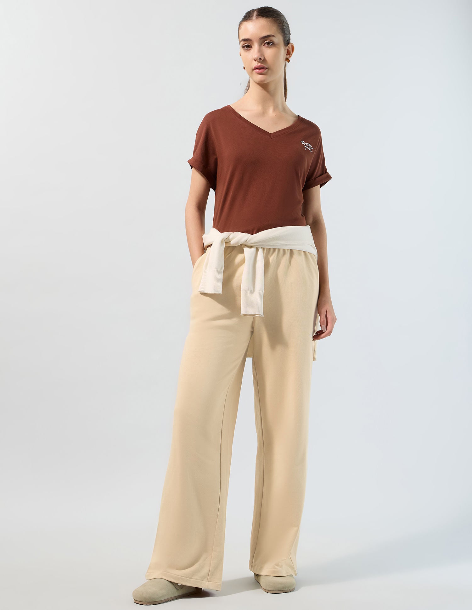 Wide Leg Fit Solid Trousers Beige - U.S. POLO ASSN. | Large