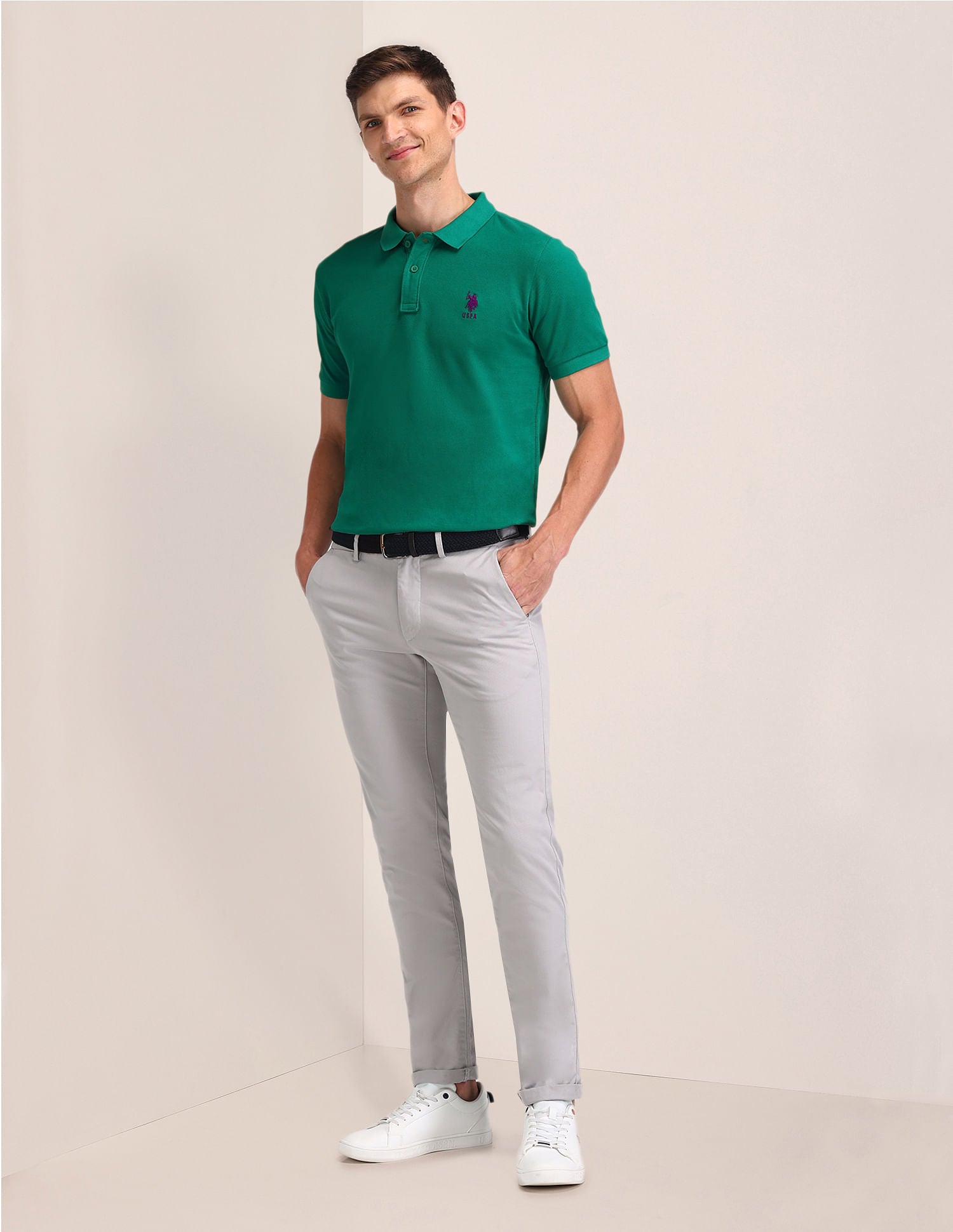 Pure Cotton Solid Slim Fit Polo Shirt Green - U.S. POLO ASSN. | Large