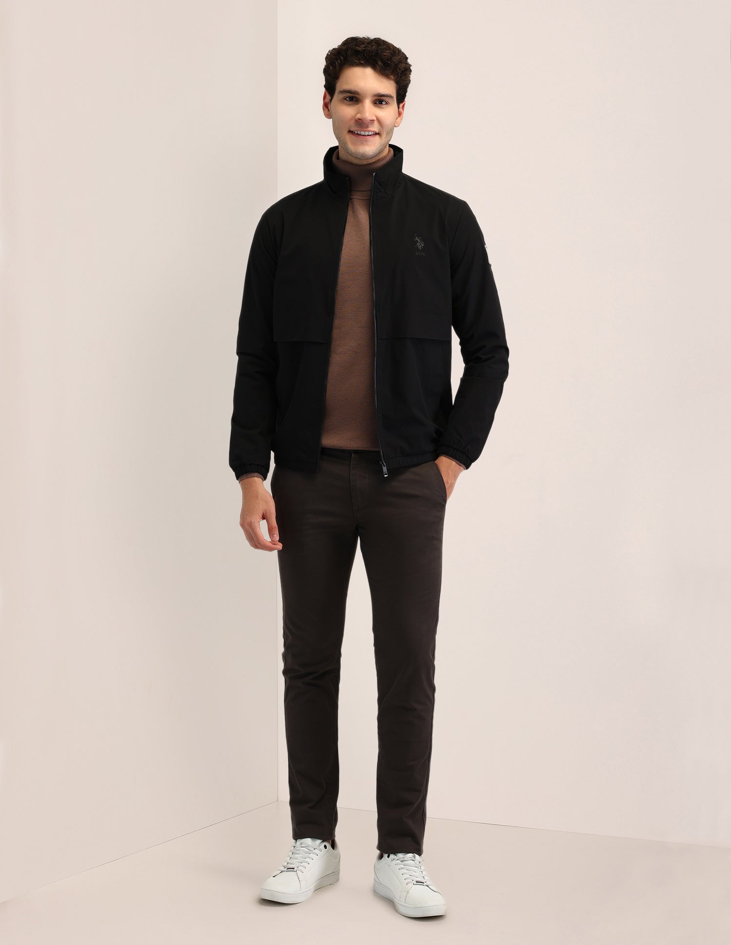 Solid High Neck Casual Jacket Black - U.S. POLO ASSN. | Large