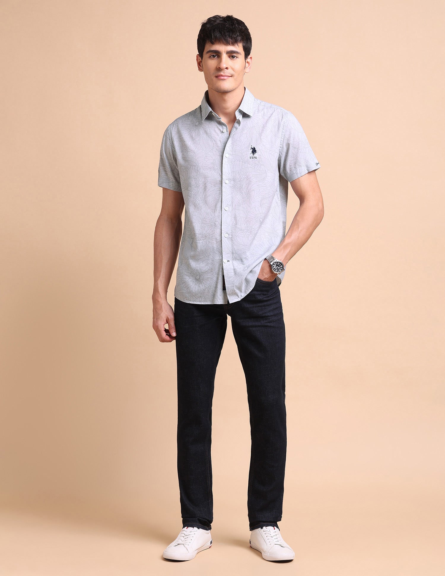 Manhattan Slim Fit Floral Printed Shirt Light Grey - U.S. POLO ASSN. | Large