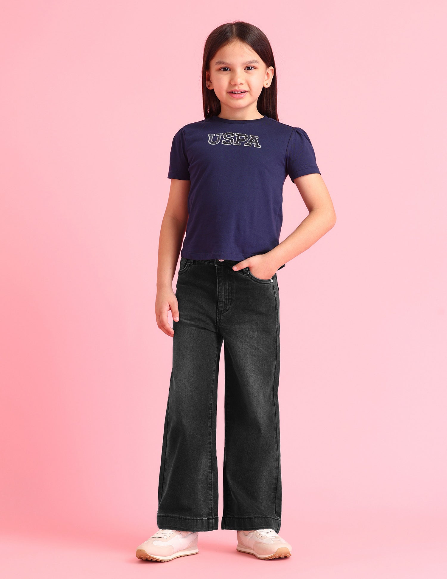 Girls Mid Rise Flared Fit Jeans Black - U.S. POLO ASSN. | Large