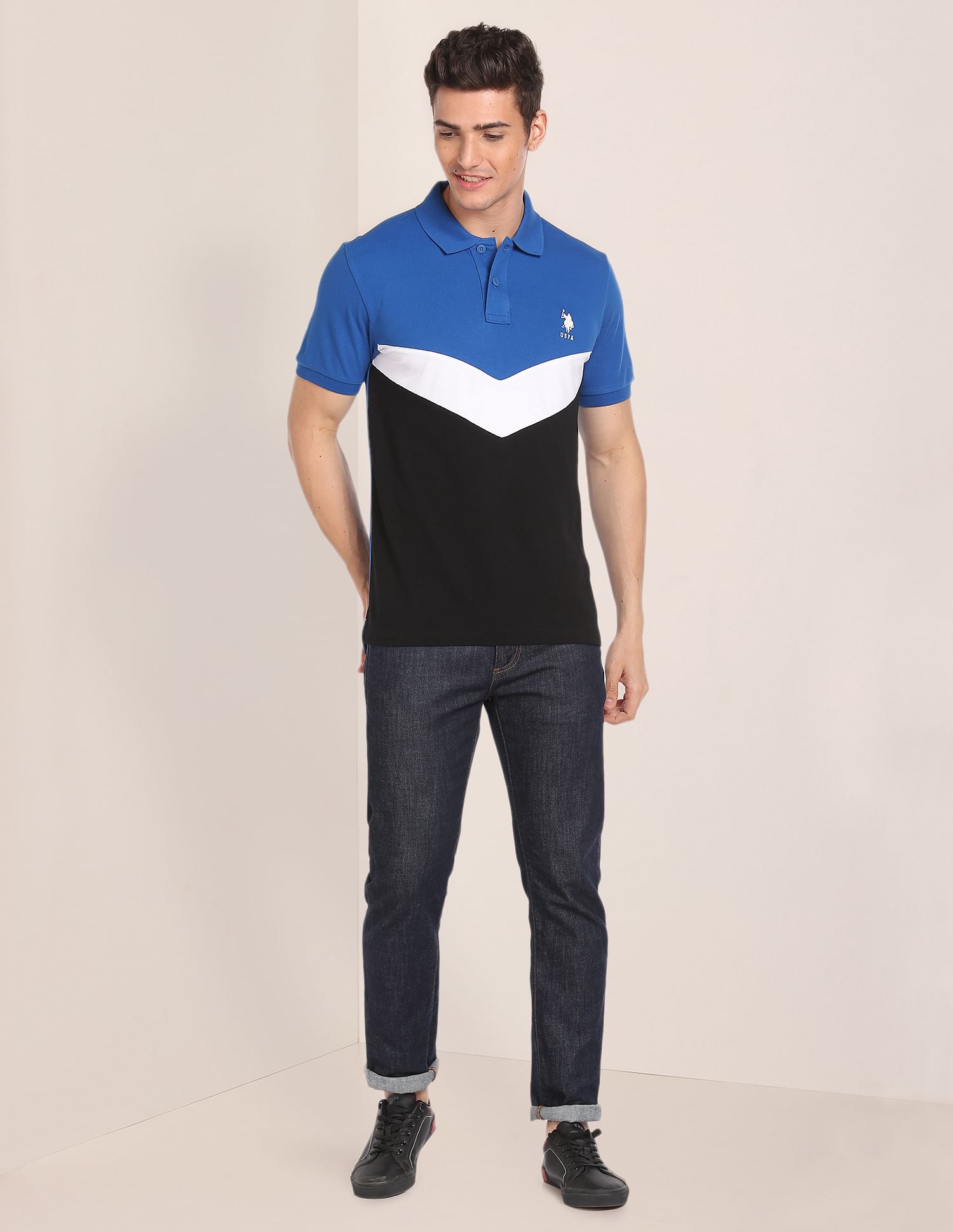 Colour Block Cotton Polo Shirt Blue and Black - U.S. Polo Assn. India | Large