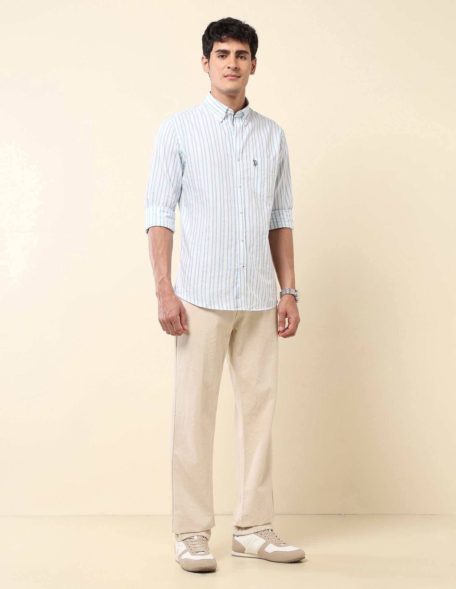 Vertical Striped Pure Cotton Shirt Aqua - U.S. Polo Assn. India | Large