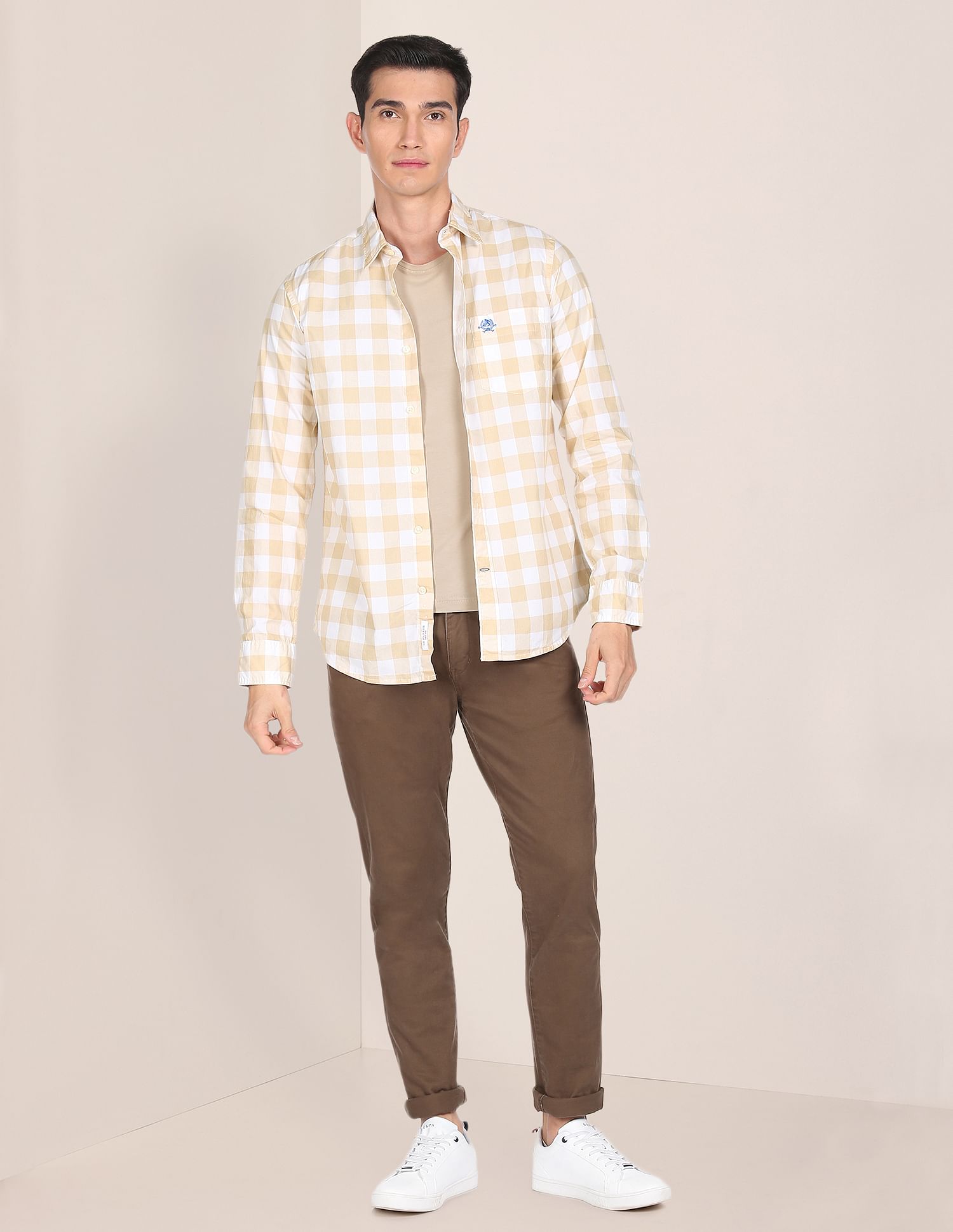 Men Beige And White Premium Cotton Check Casual Shirt Beige and White - U.S. POLO ASSN. | Large