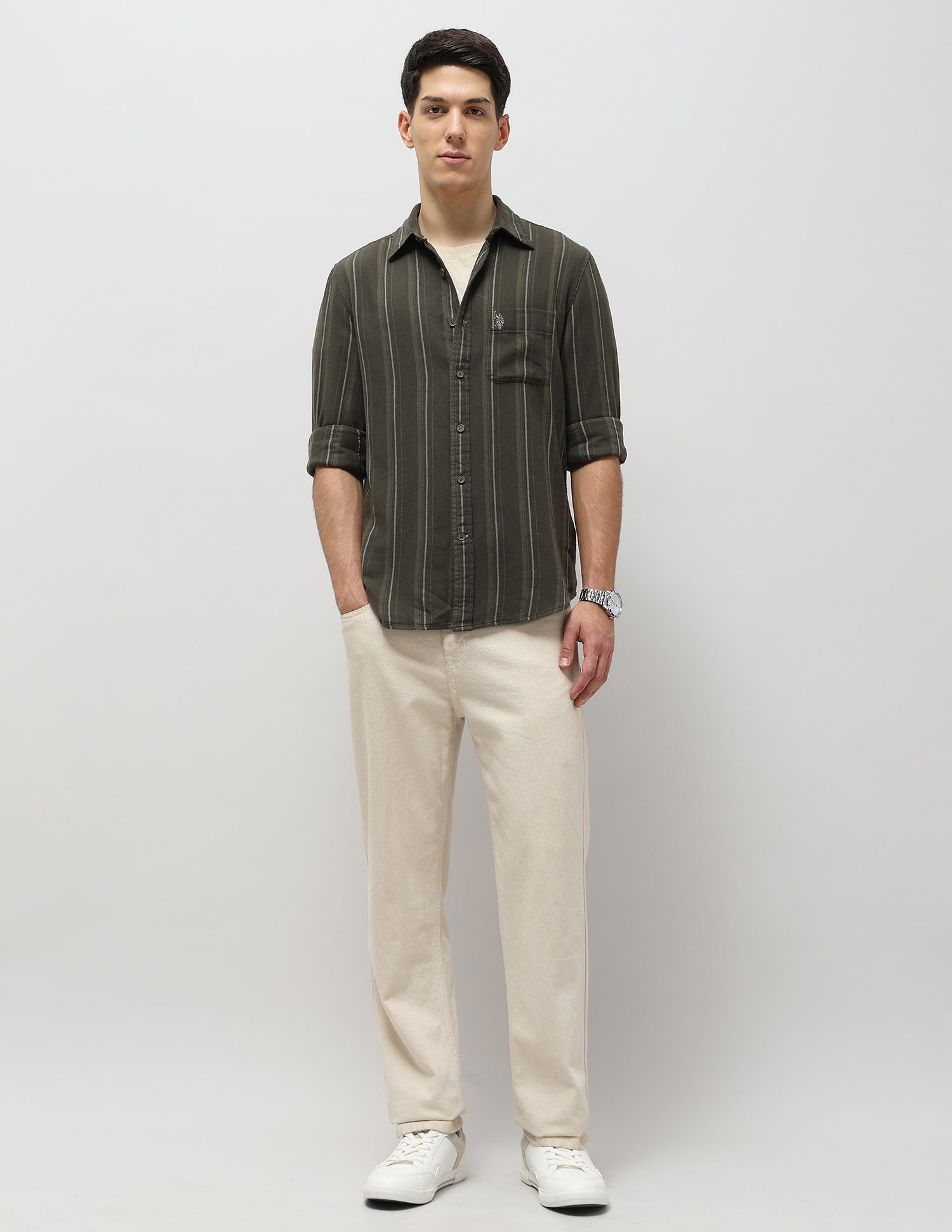 Vertical Striped Self Design Twill Shirt Olive - U.S. POLO ASSN. | Large