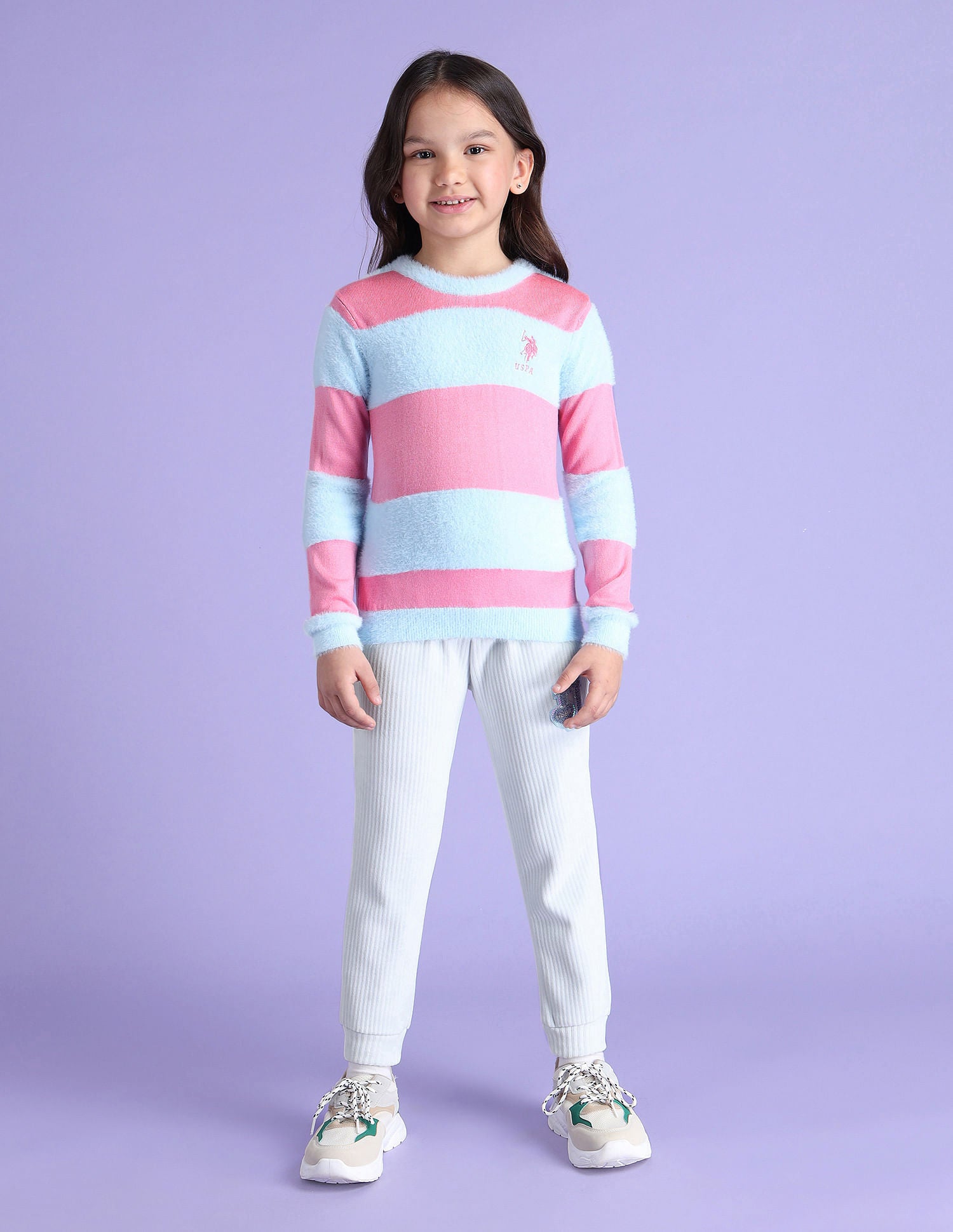 Girls Horizontal Stripe Sweater Neon Pink - U.S. POLO ASSN. | Large