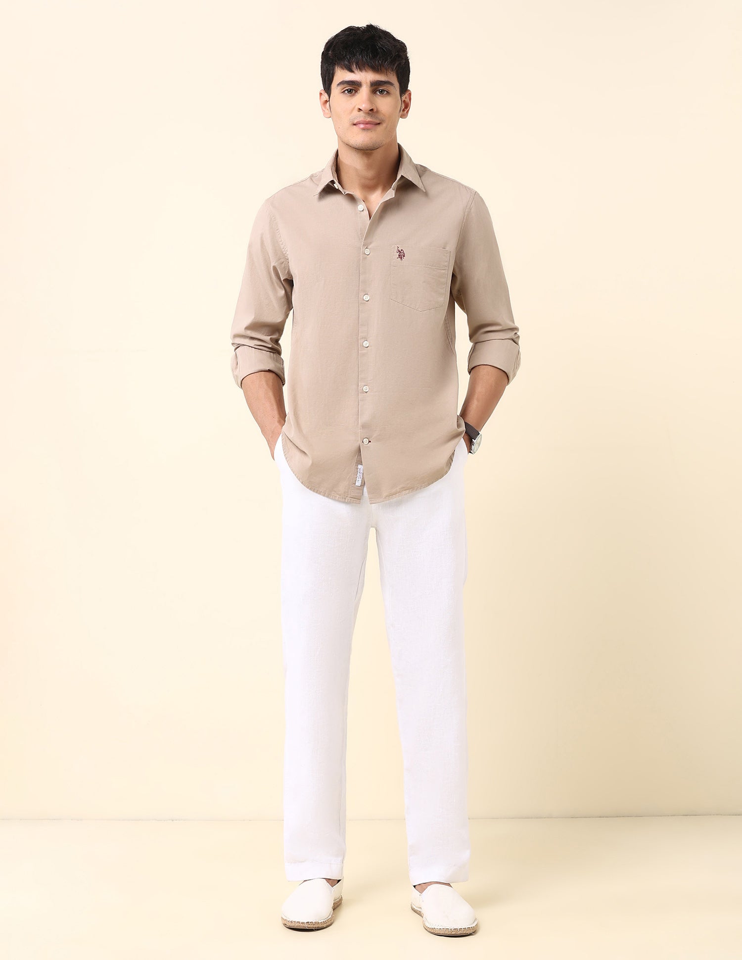 Solid Twill Tailored Fit Shirt Light Khaki - U.S. Polo Assn. India | Large