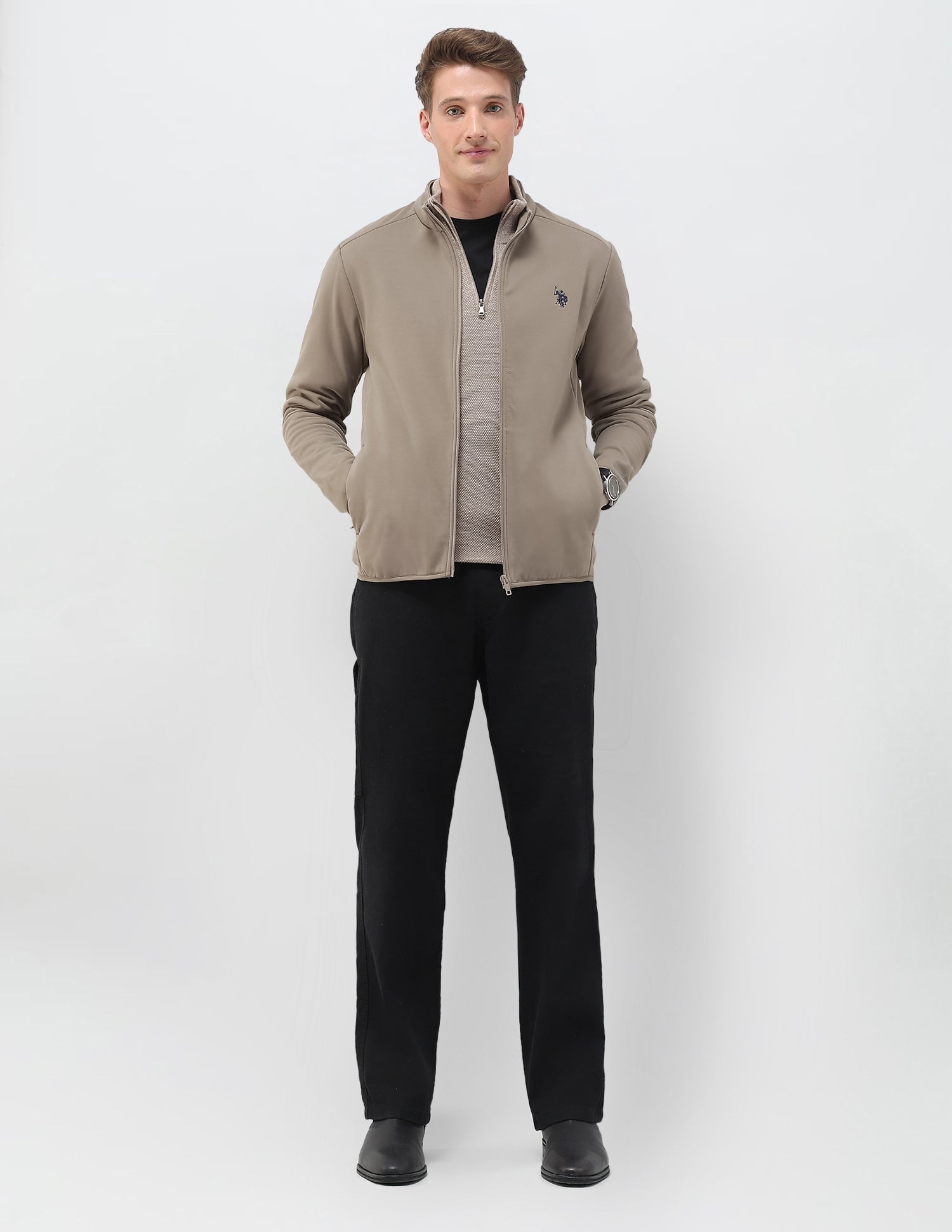 Solid Regular Fit Zipper Sweatshirt Light Brown - U.S. POLO ASSN. | Large