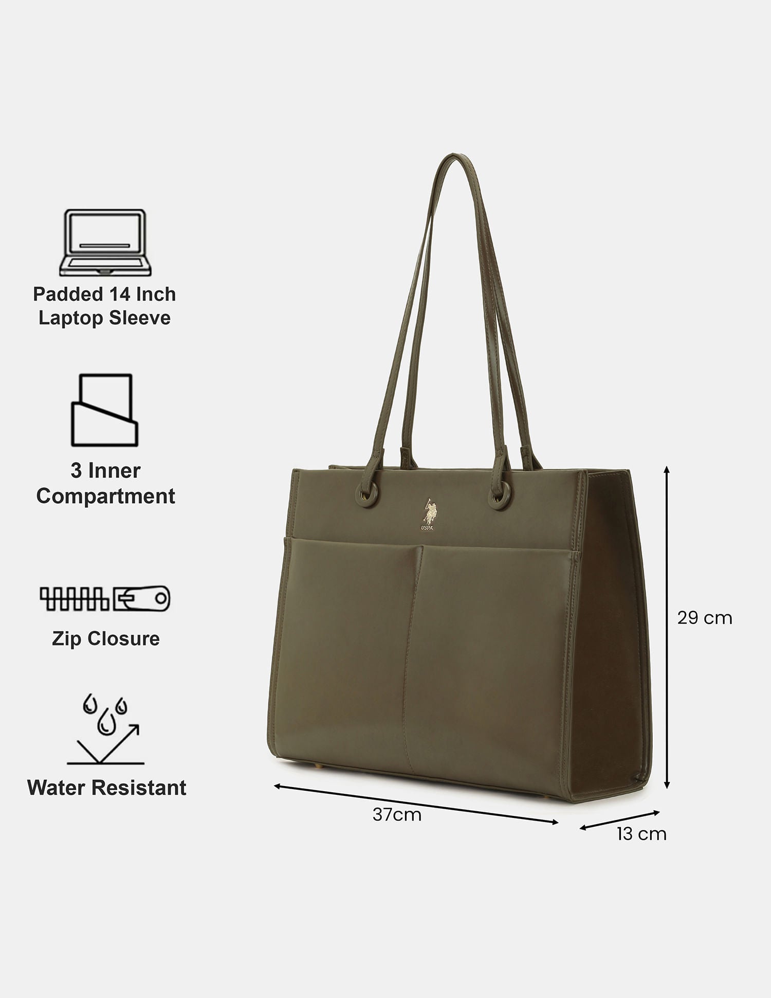 Women Bria Solid Tote Bag with Multipurpose Compartment Dark Grey - U.S. POLO ASSN. | Large