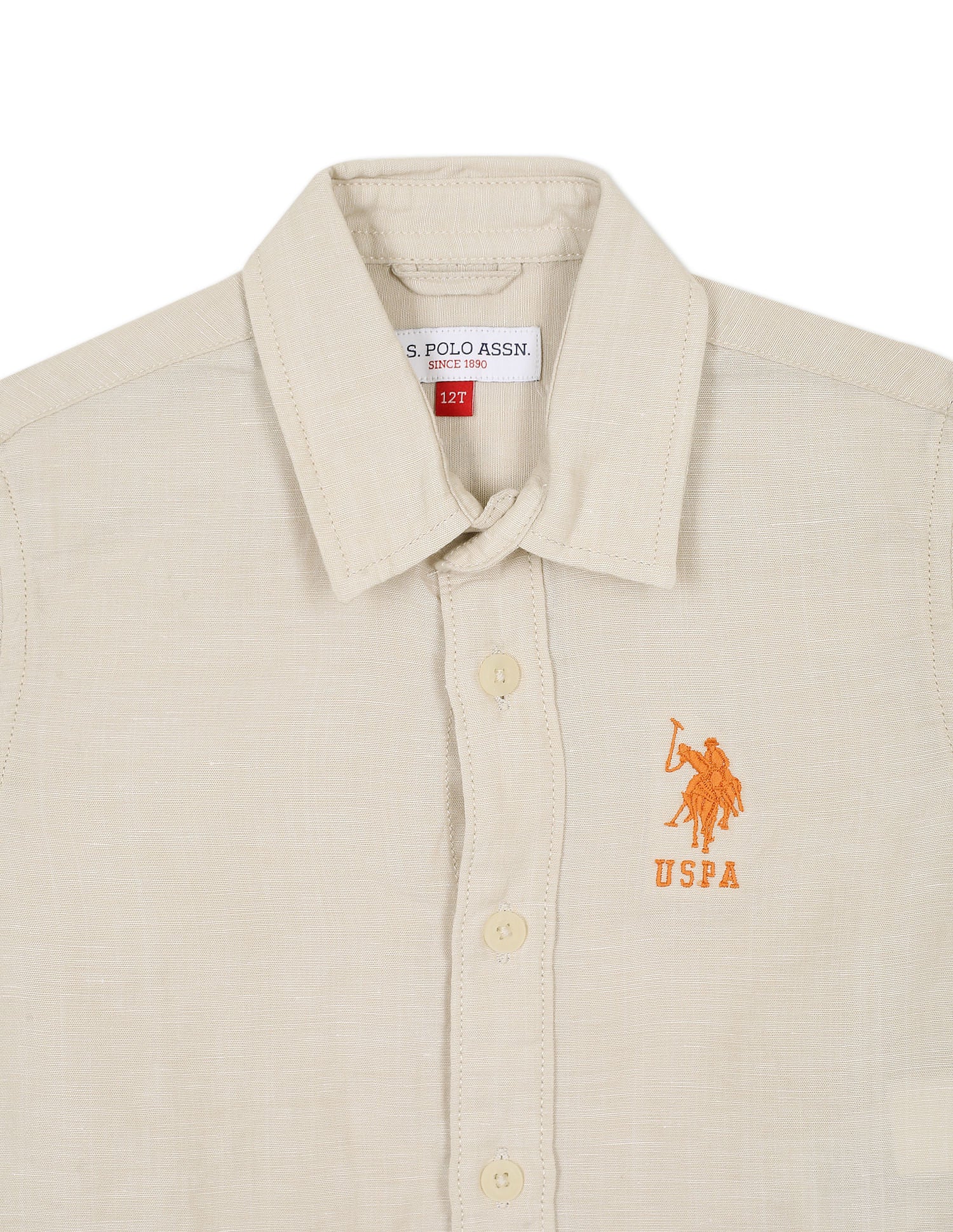 Boys Beige Spread Collar Solid Casual Shirt Beige - U.S. Polo Assn. India | Large