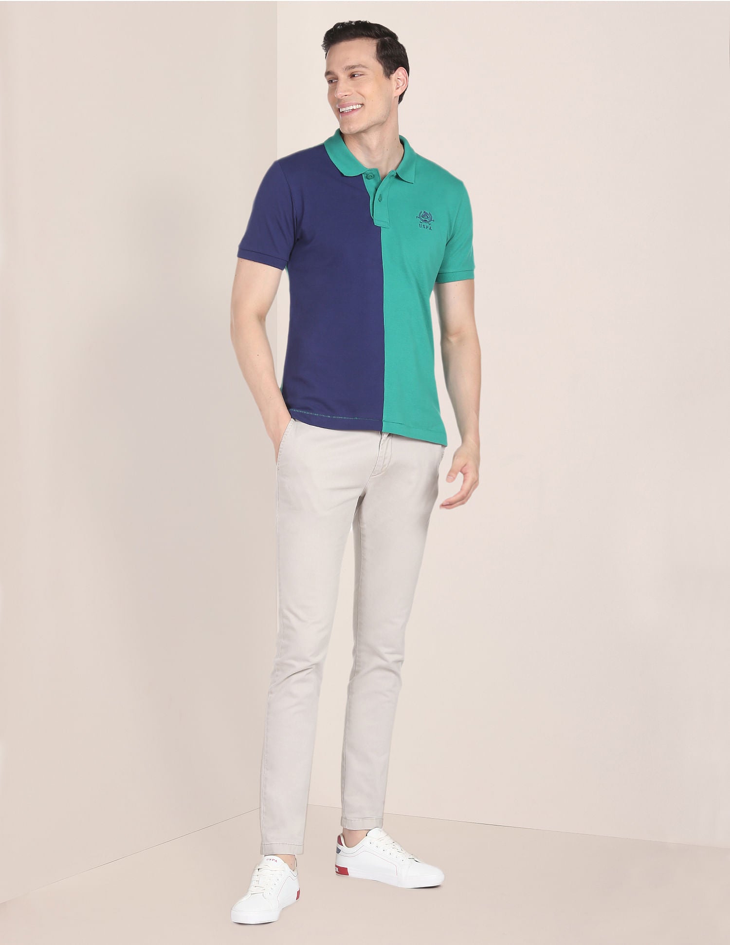 Colour Block Cotton Polo Shirt Green and Dark Blue - U.S. Polo Assn. India | Large