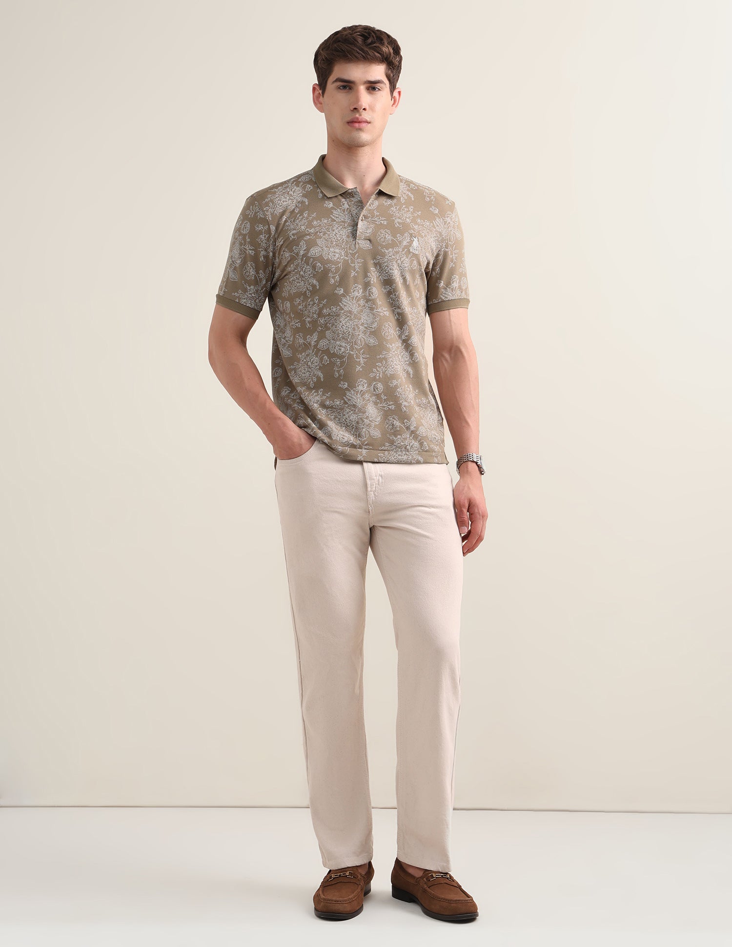 Floral Printed Slim Fit Polo Shirt Brown - U.S. Polo Assn. India | Large