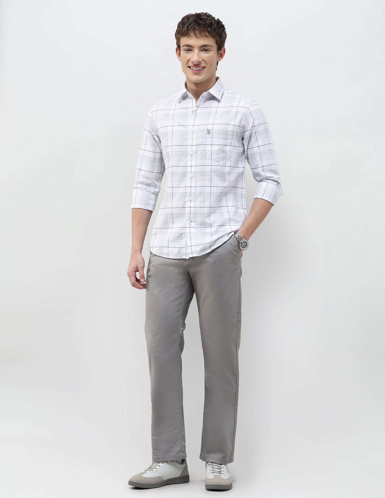 Grid Tattersall Checked Regular Fit Shirt Light Grey - U.S. Polo Assn. India | Large