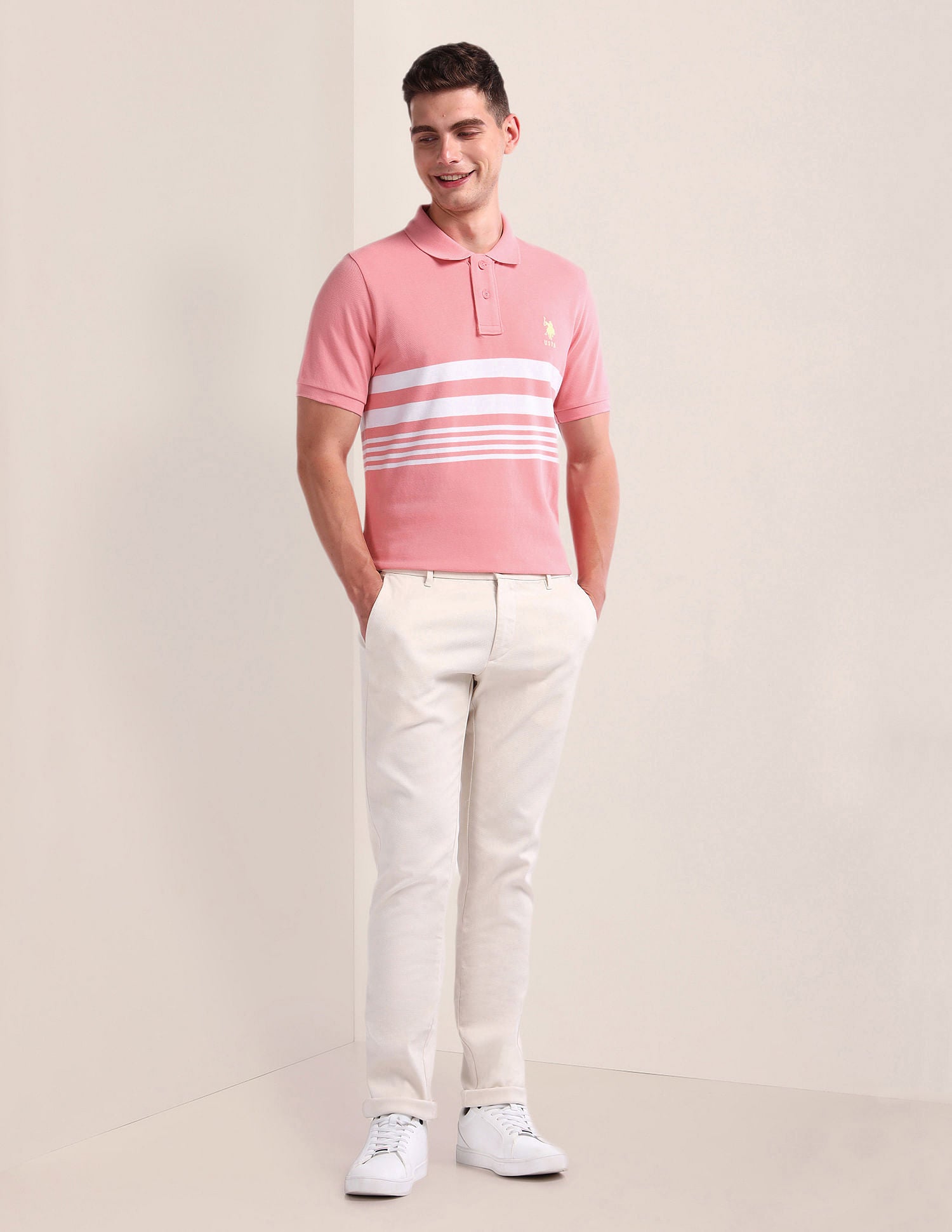 Horizontal Stripe Slim Polo Shirt Pink - U.S. Polo Assn. India | Large