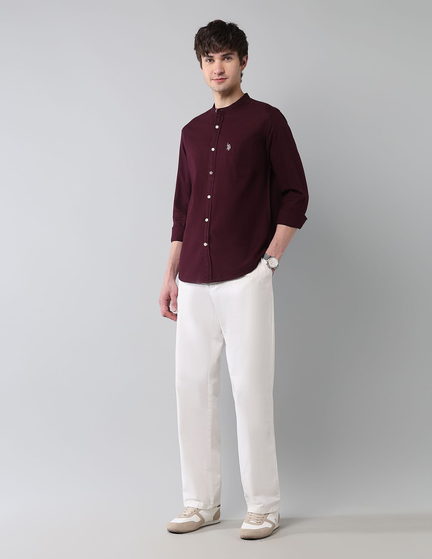 Solid Slub Mandarin Collar Shirt Wine - U.S. Polo Assn. India | Large