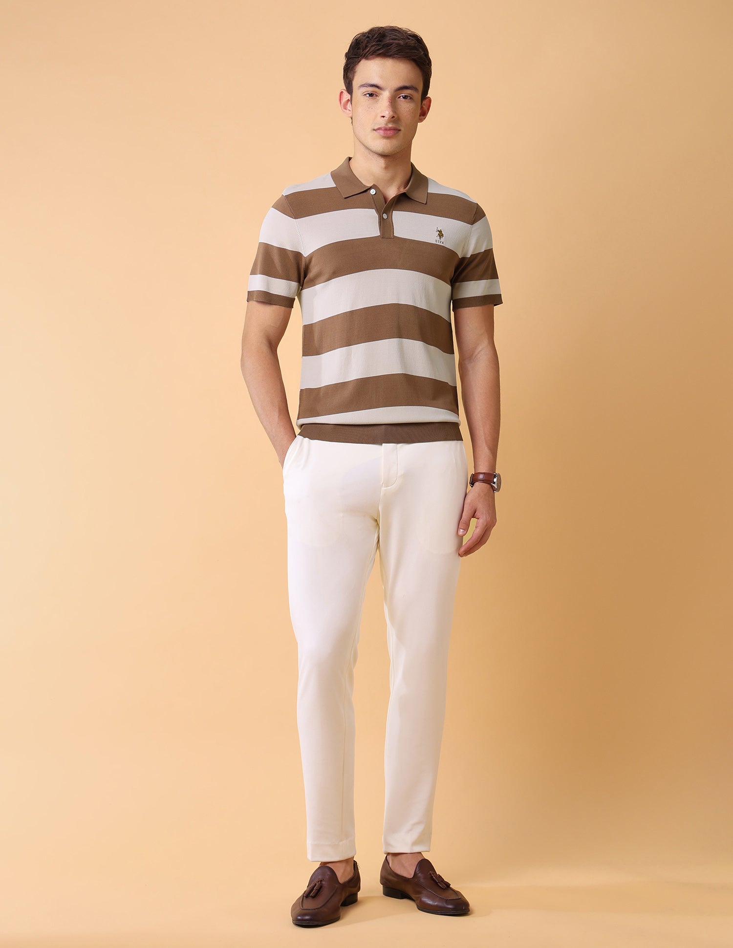 Horizontal Striped Slim Fit Polo Shirt Beige - U.S. Polo Assn. India | Large