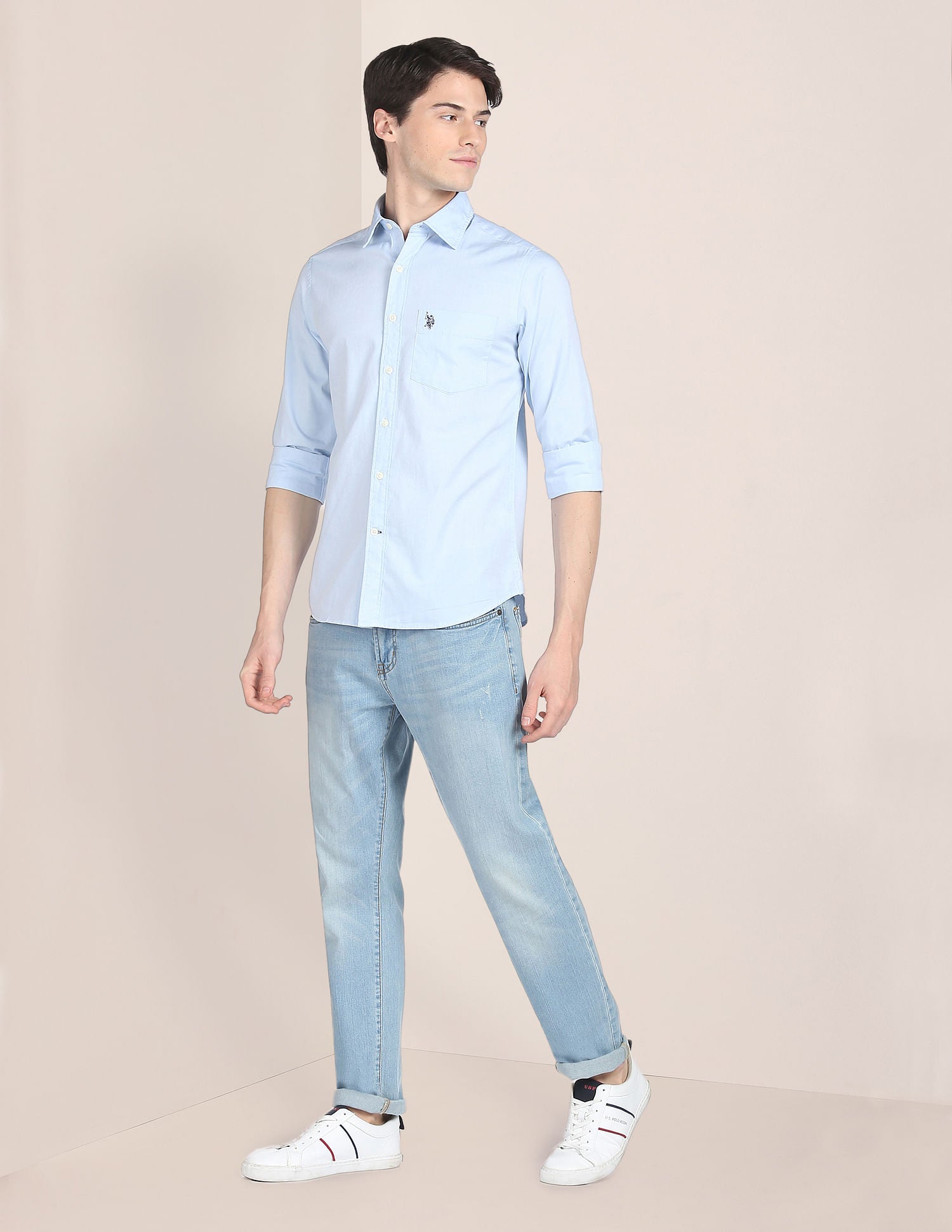 Men Light Blue Oxford Regular Fit Casual Shirt Light Blue - U.S. Polo Assn. India | Large