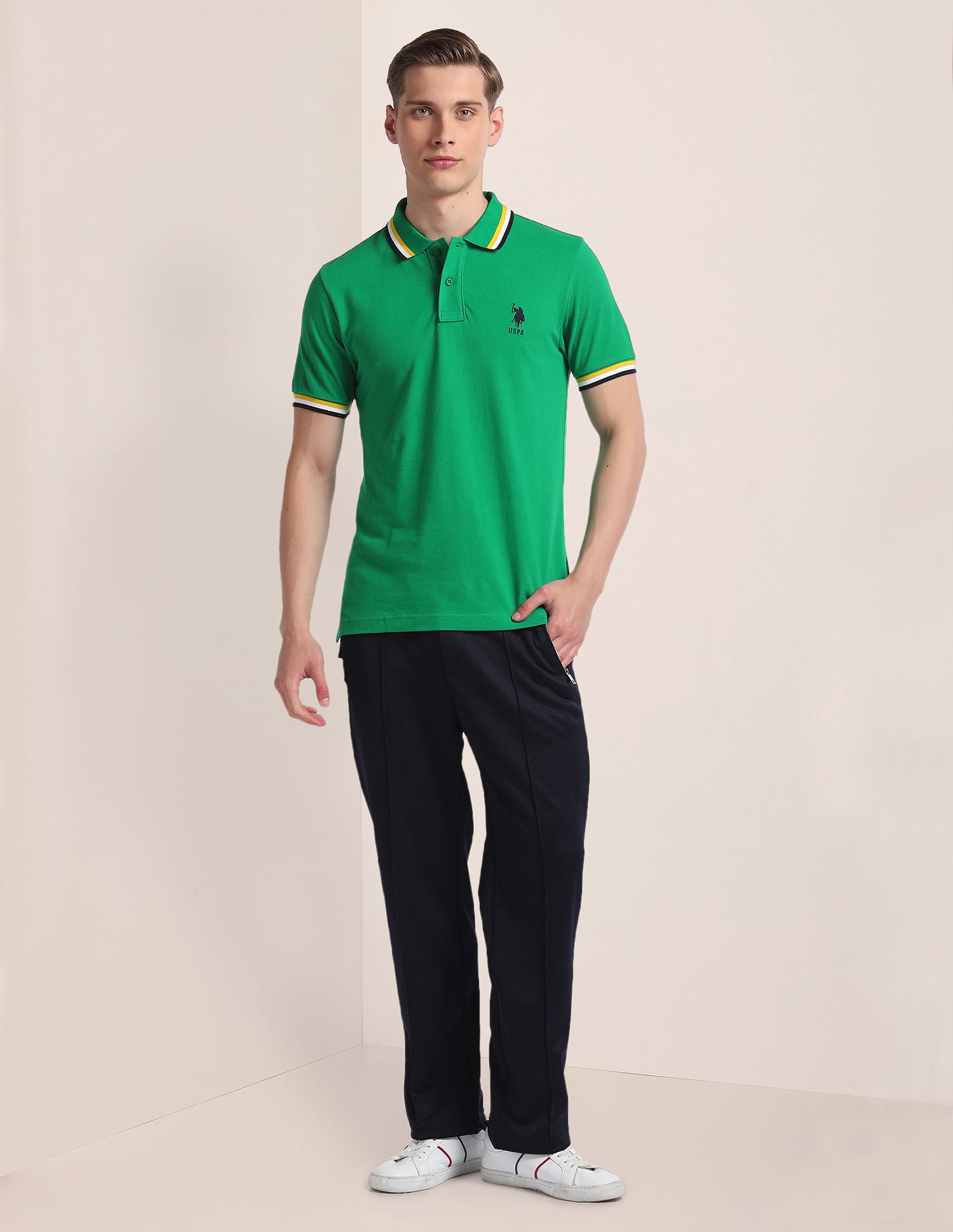Striped Collar Slim Polo Shirt Green - U.S. Polo Assn. India | Large