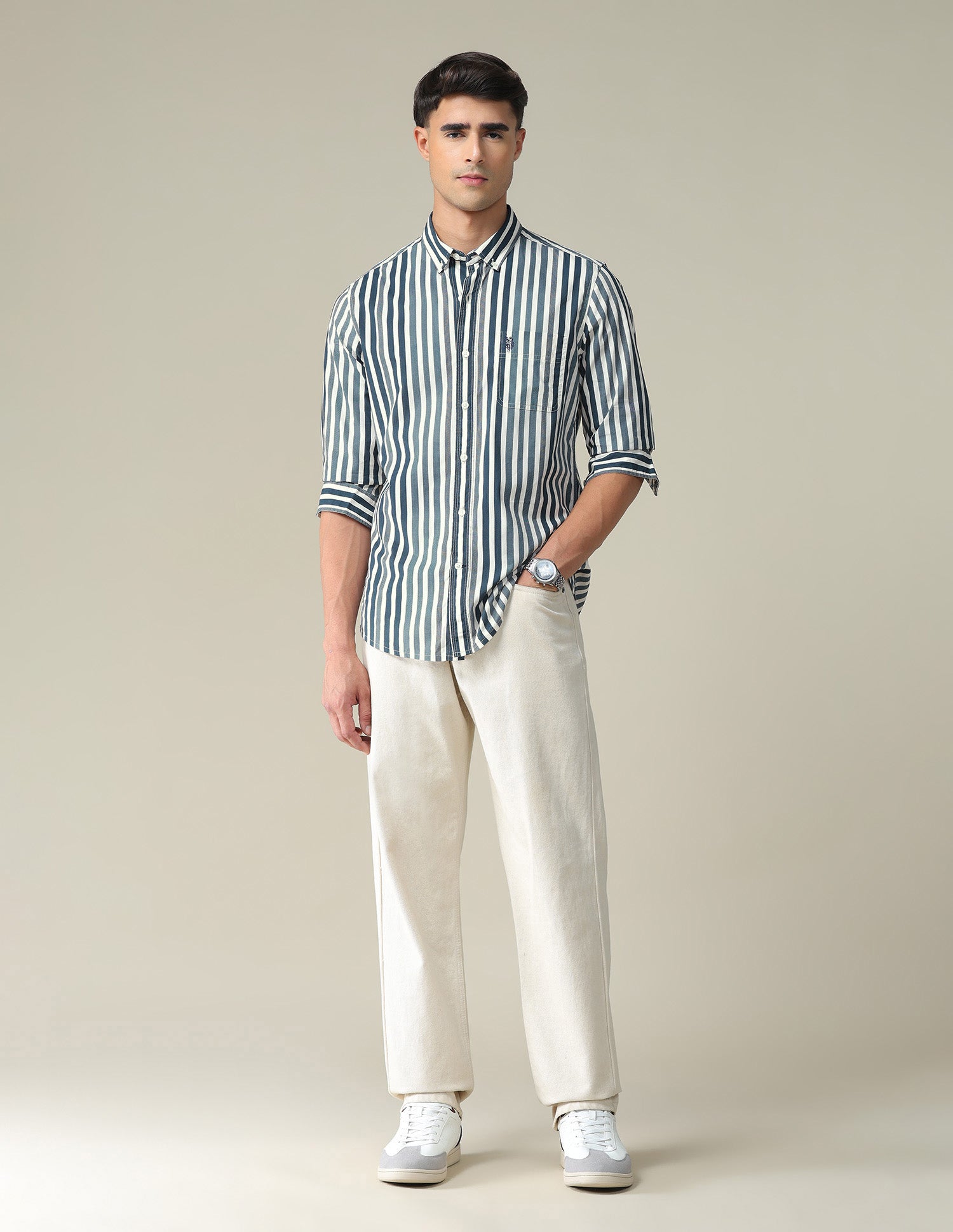 Vertical Stripe Slim Shirt Green and White - U.S. POLO ASSN. | Large