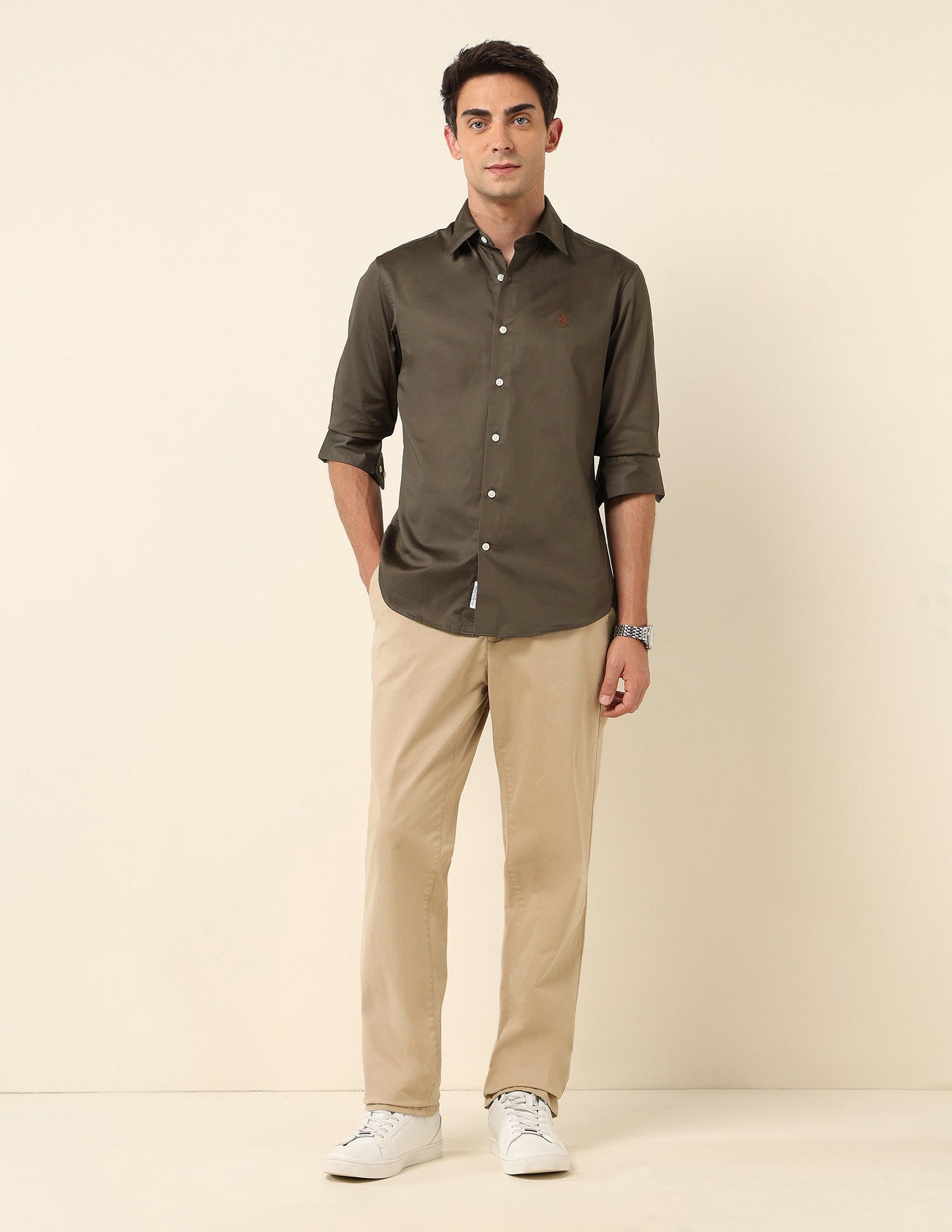 Tailored Fit Satin Pure Cotton Shirt Brown - U.S. Polo Assn. India | Large