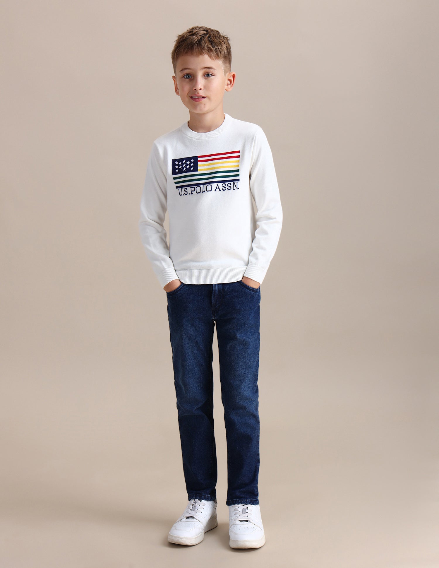 Boys Printed Regular Fit Sweater White - U.S. POLO ASSN. | Large