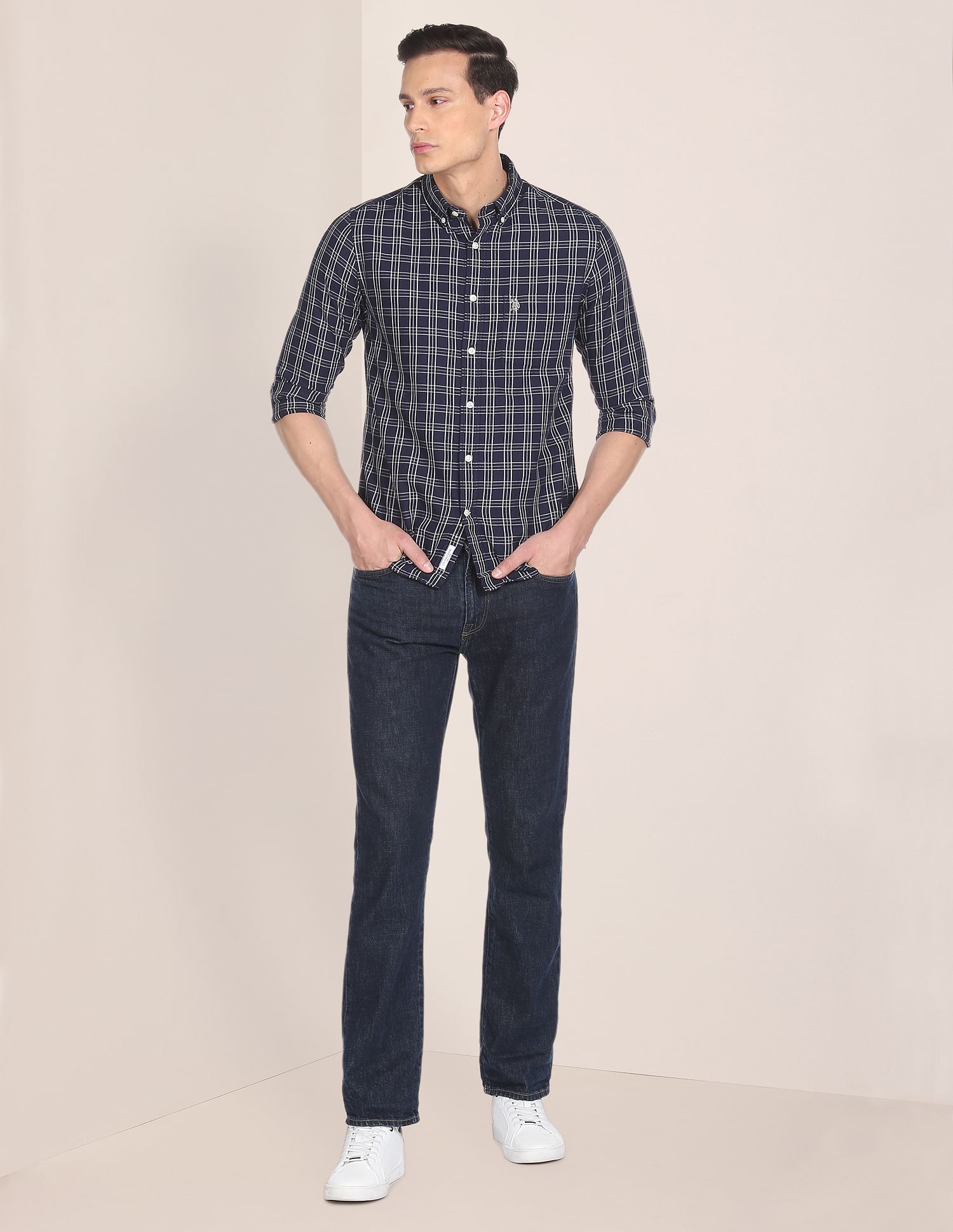 Men Navy Button Down Collar Check Casual Shirt Navy - U.S. POLO ASSN. | Large