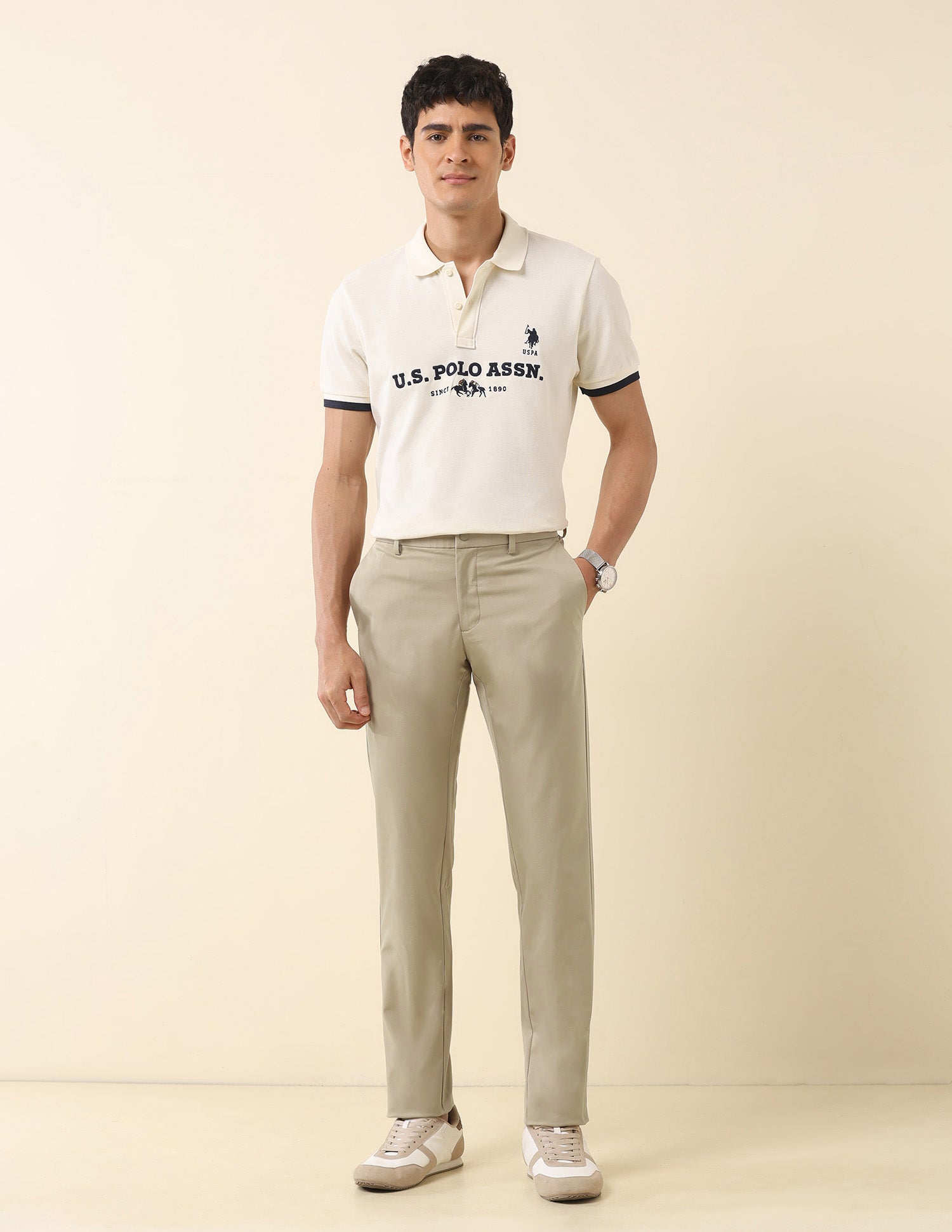 Solid Denver Slim Fit Trousers Khaki - U.S. Polo Assn. India | Large