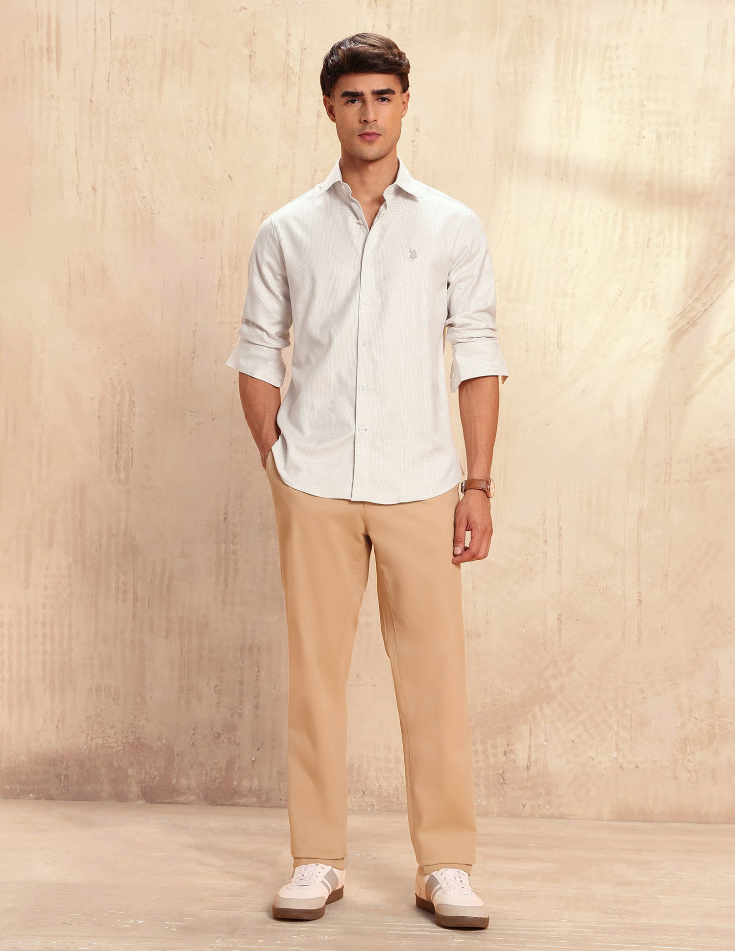 Twill Micro Checked Shirt Beige - U.S. POLO ASSN. | Large