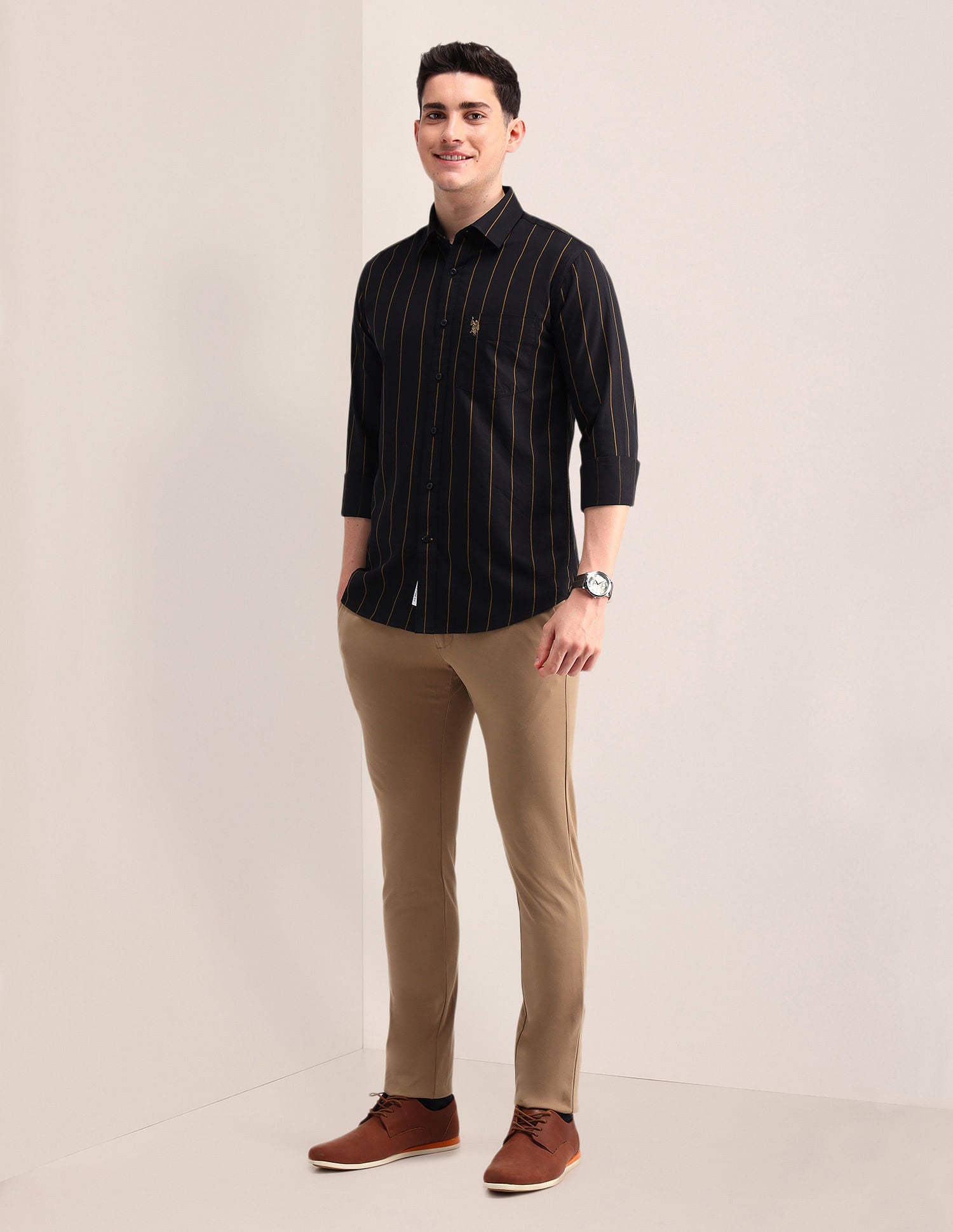 Tailored Fit Twill Striped Shirt Black - U.S. Polo Assn. India | Large