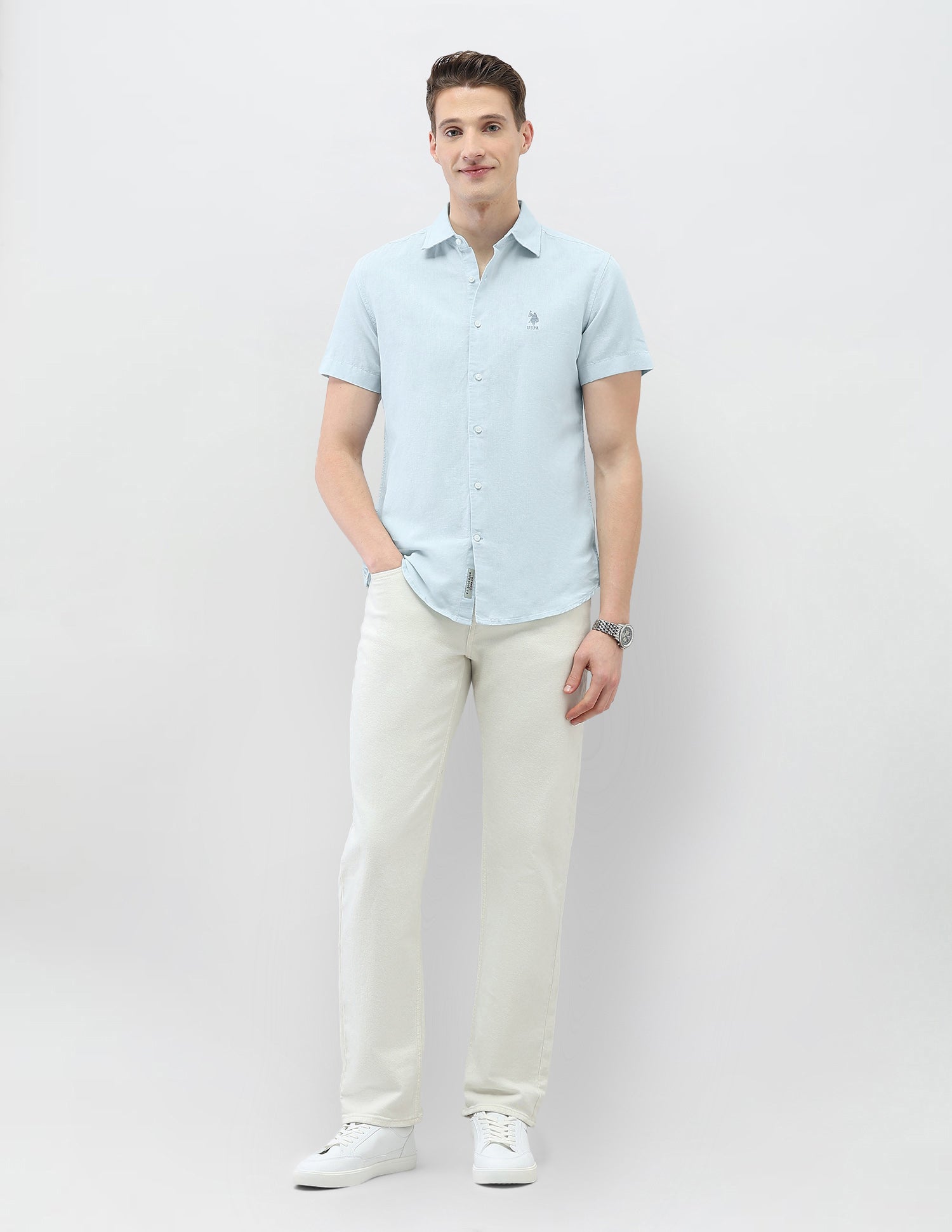 Solid Motel On The Coast Regular Fit Shirt Light Blue - U.S. Polo Assn. India | Large