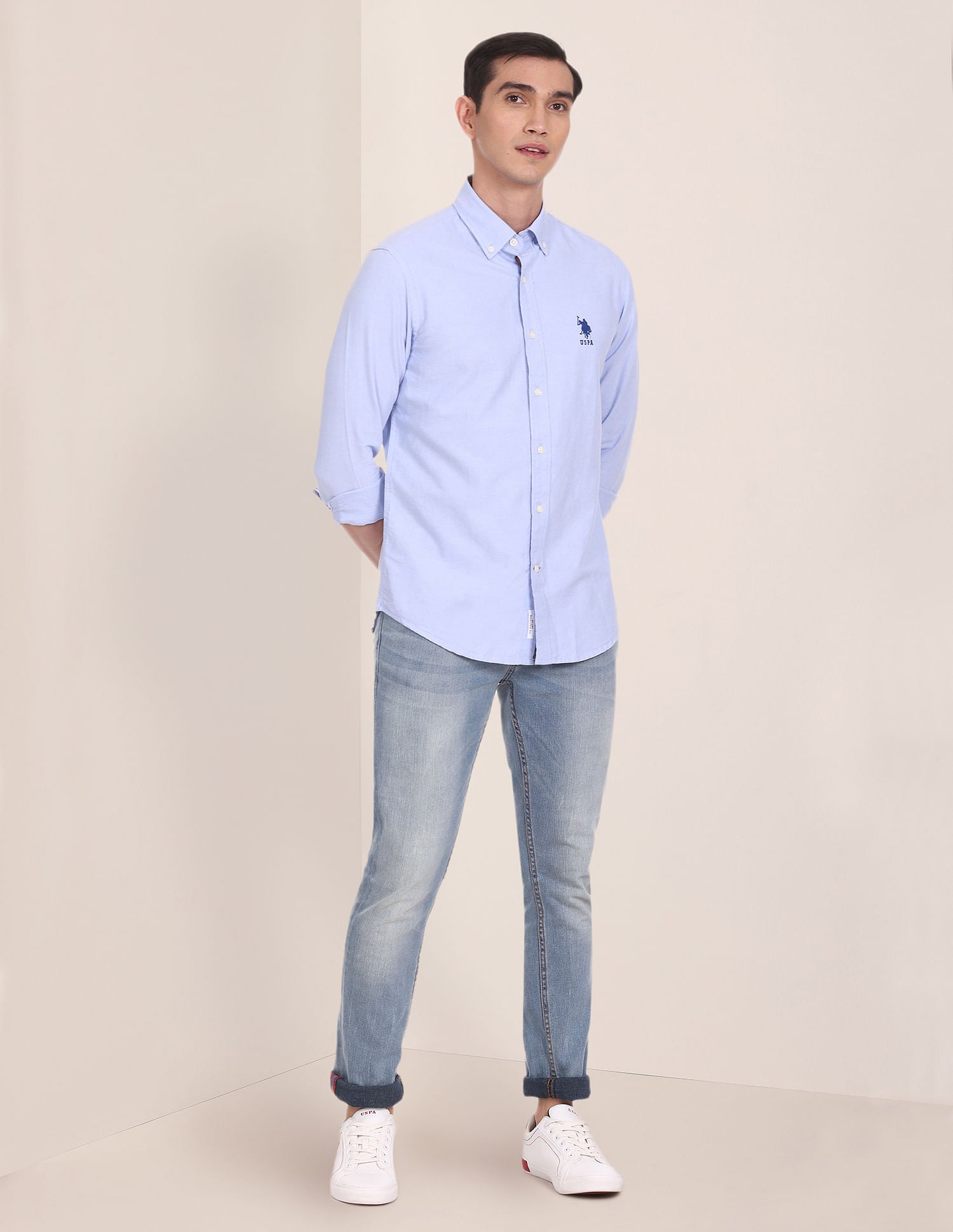 Men Blue Button Down Collar Cotton Solid Formal Shirt Blue - U.S. POLO ASSN. | Large