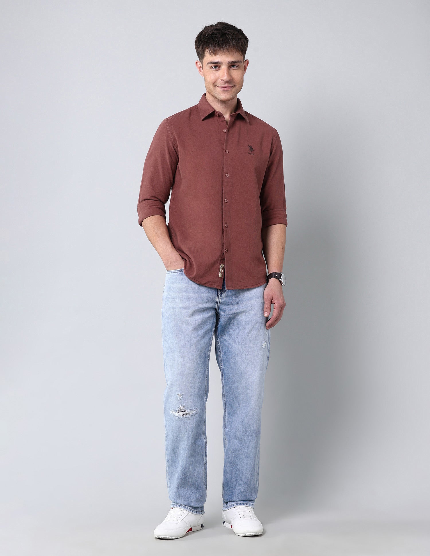 Solid Pure Cotton Dobby Shirt Rust - U.S. Polo Assn. India | Large