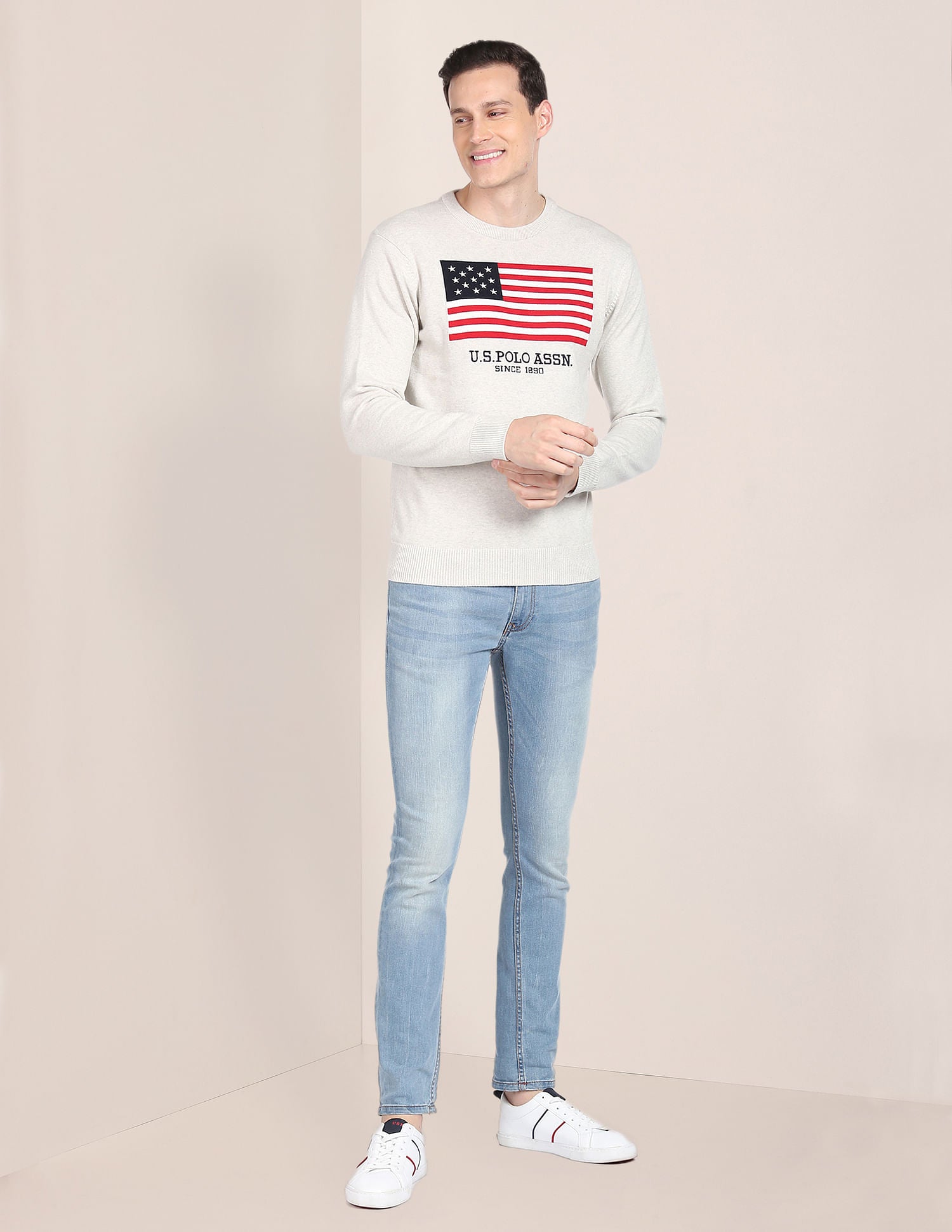 Crew Neck Heathered Patterned Knit Sweater Ecru - U.S. Polo Assn. India | Large