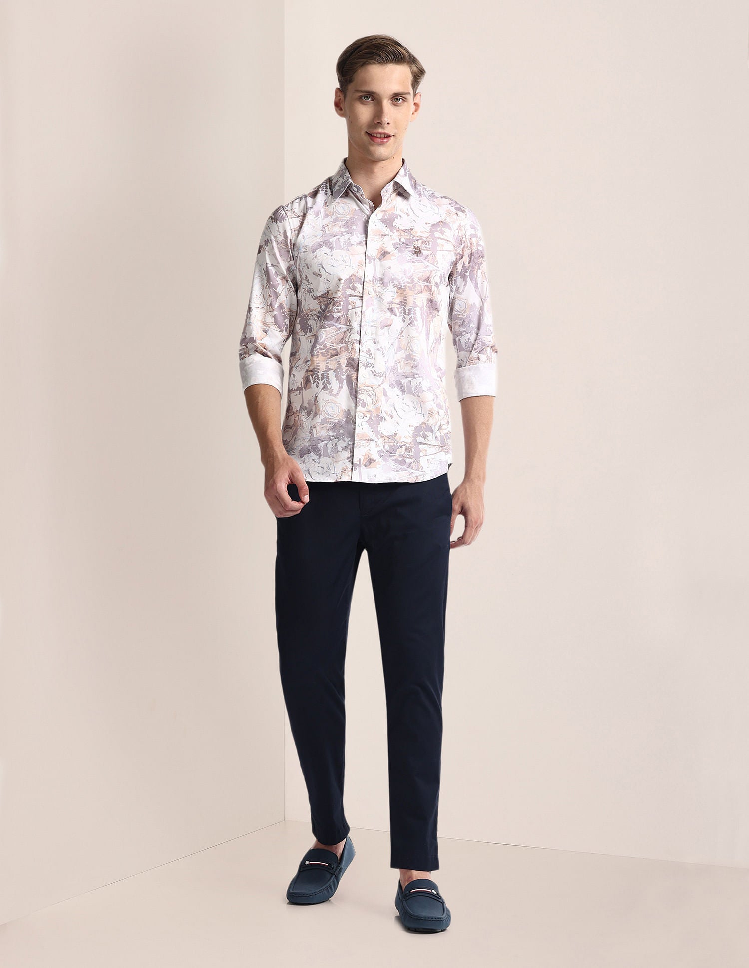 Floral Print Tailored Fit Shirt Khaki and White - U.S. Polo Assn. India | Large